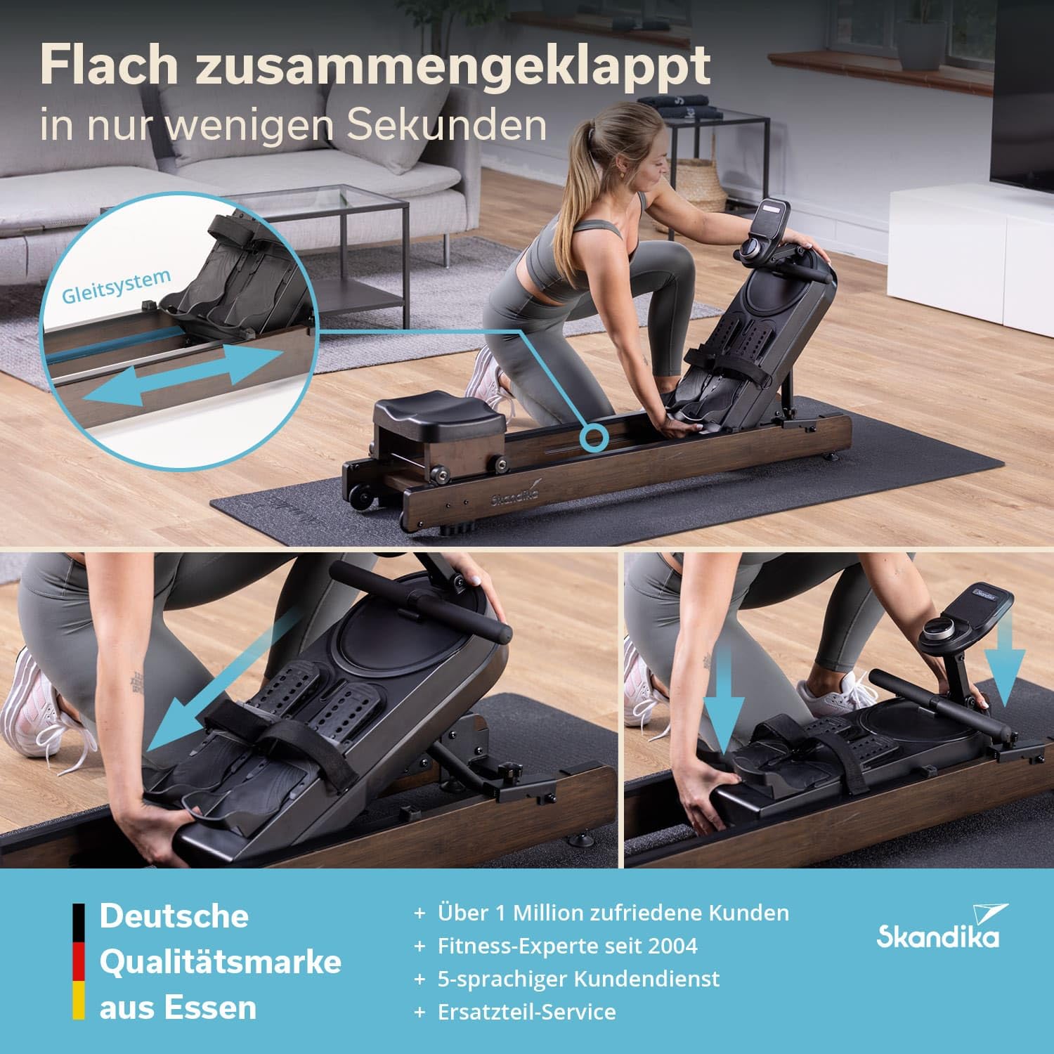 Skandika Rudergerät Rovek | Rudermaschine Holz, Rudergerät für Zuhause klappbar, Magnetwiderstand mit 32 Stufen, Kinomap App kompatibel, aufstellbar, bis 195 cm