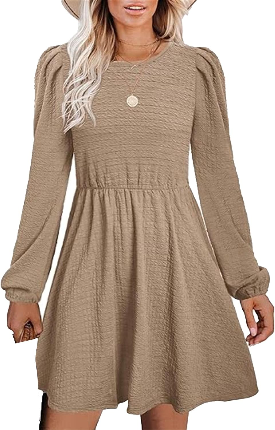 Generic Womens Spring Round Neck Dress Ruffle Elegant Empire Waist Mini Swing Dresses Casual Long Sleeve Smocked Beach Dress