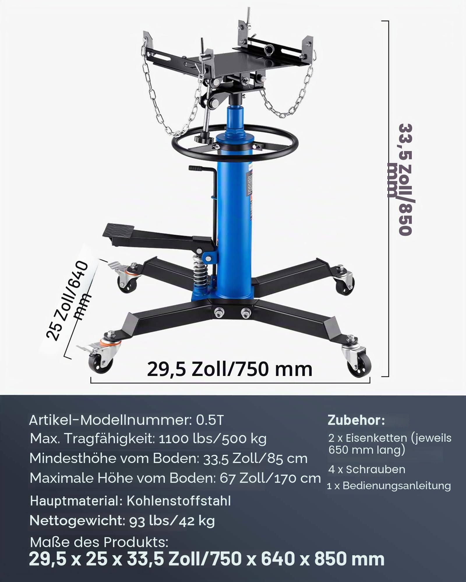 VEVOR Getriebeheber Motorheber 500 kg, Motorblock Getriebe Heber 85-170cm Hubbereich, 2-Stufen Faulenzer Hydraulischer Wagenheber kfz Heber Motorblock Motorheber Autowerkstätten Autogetrieben, Blau