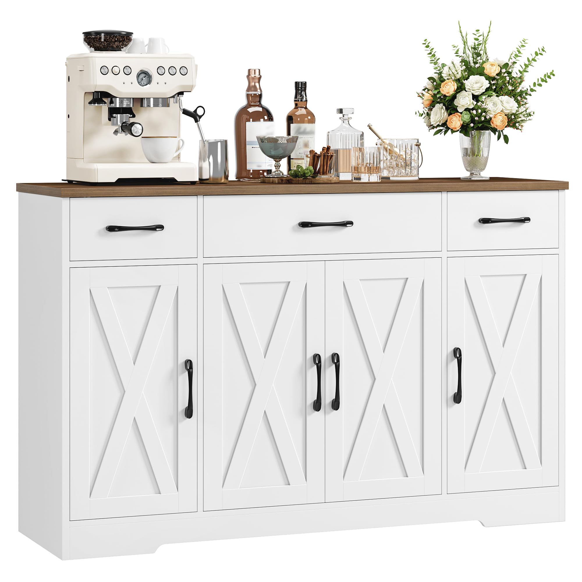 HOCSOK Sideboard, 140 cm Breit Küchenschrank mit 2 Verstellbaren Regalen, Buffetschrank mit 3 Schubladen 4 Türen, Küchenbuffet für Wohnzimmer, Küche, Flur, Weiß & Braun
