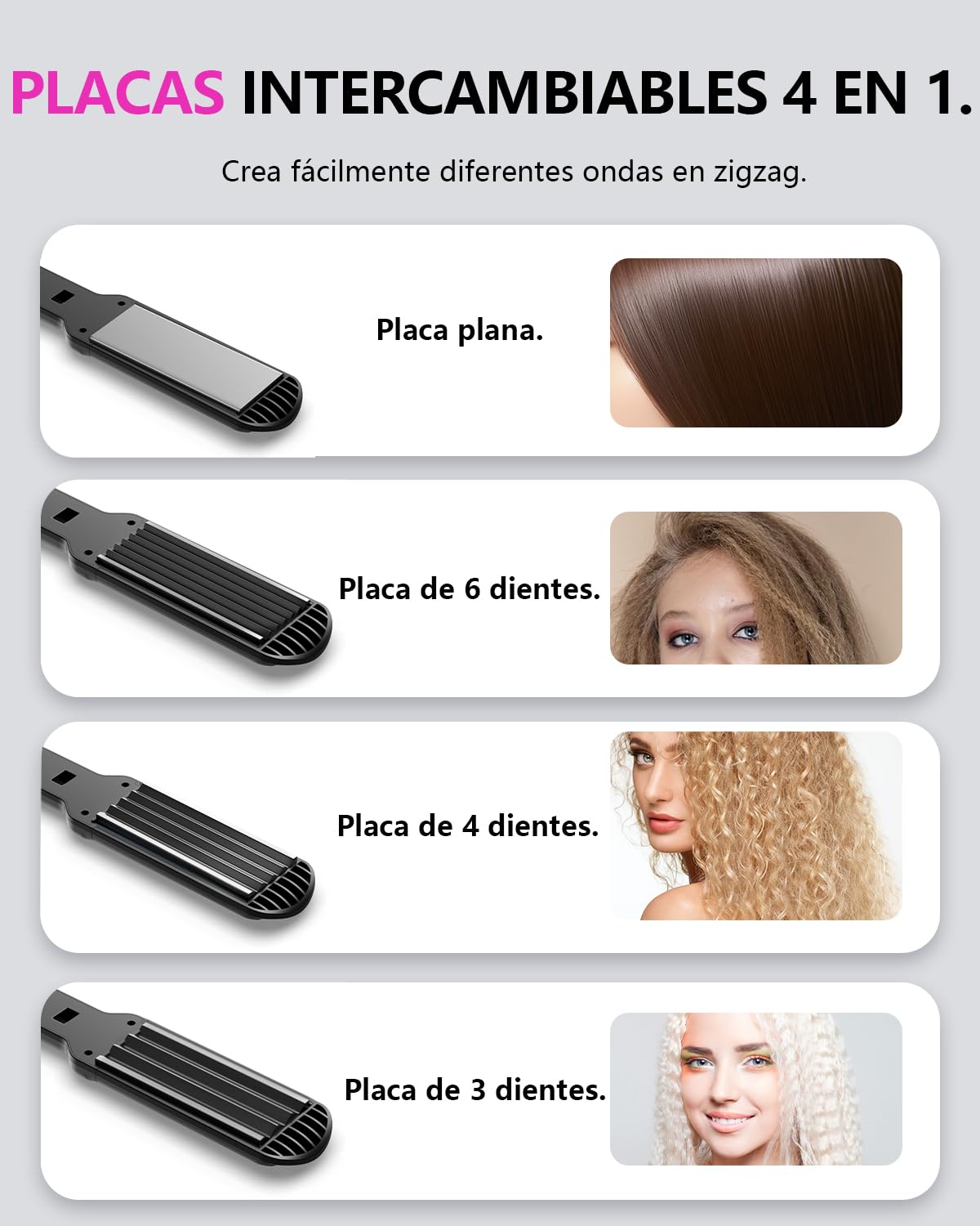 Plancha de crimpar, Beach Waves Plancha Ondas para Grandes Rizos con 4 Placas Intercambiables de CeráMica Rulos Ondulados Instantáneos Hair Straightener Fast Heating for All Hair Types