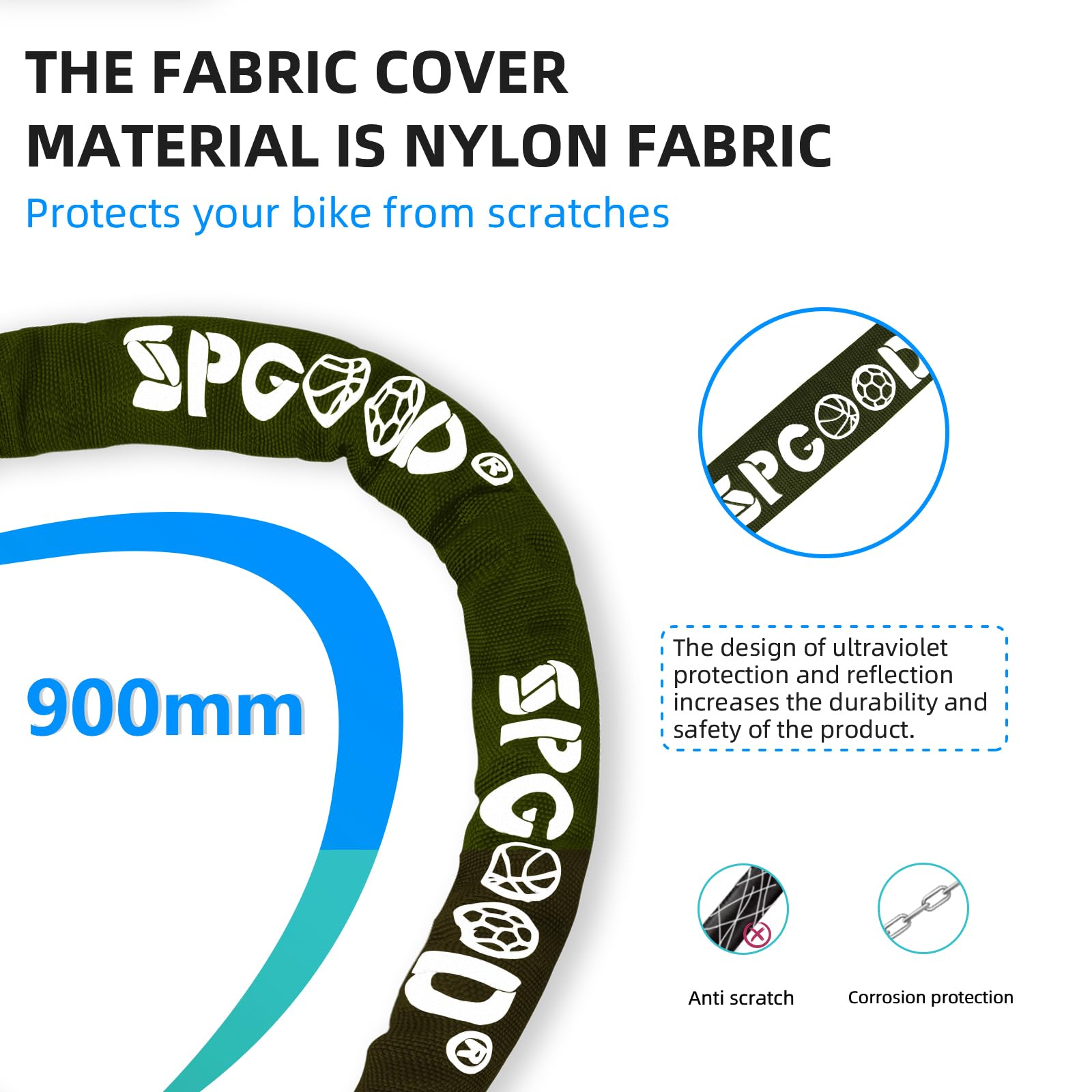 SPGOOD Lucchetto per bicicletta con 3 chiavi, 90 cm in catena in acciaio da 6 mm, con copertura impermeabile, antifurto, ad alta sicurezza per bicicletta, e-bike, MTB, moto(Verde oliva chiaro)