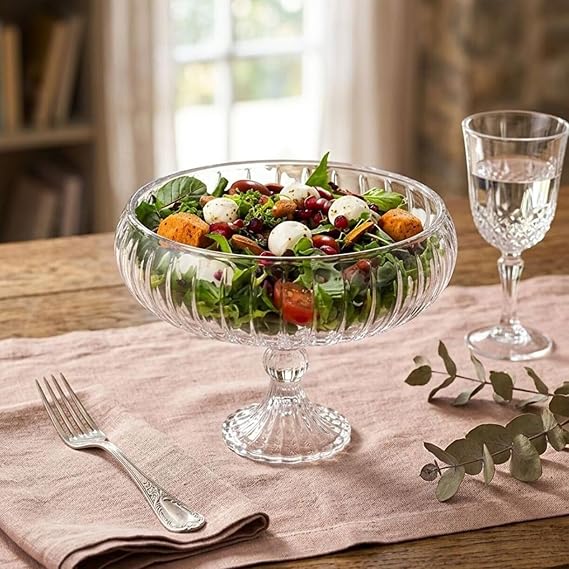 Deconox Linea Şeffaf Cam Ayaklı Sunum Çanağı - Dekoratif Küçük Salata Kasesi ve Çerezlik (20x15,5 cm)