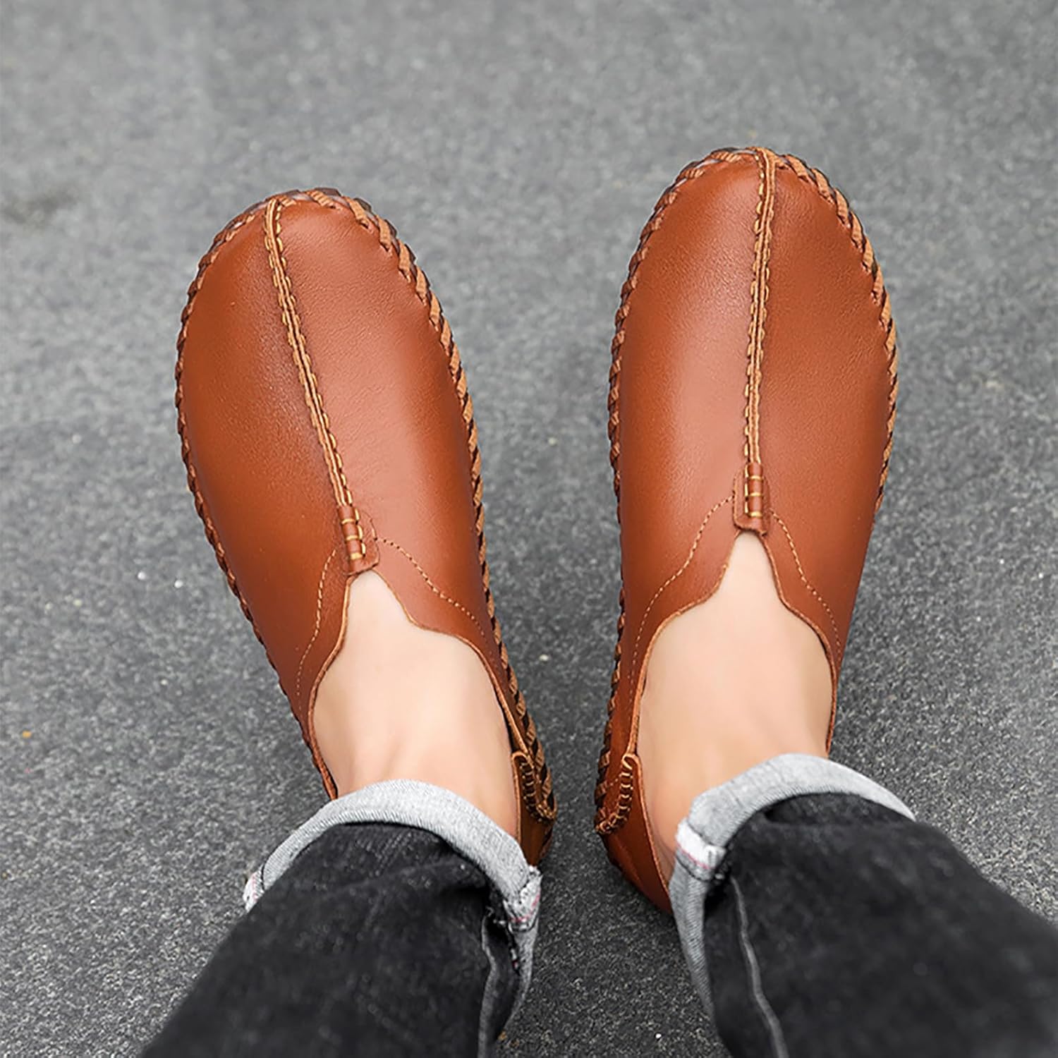 Men's Leather Handmade Flat Loafers Casual Light Slip On Soft Moccasin Boats Driving Walking Shoes