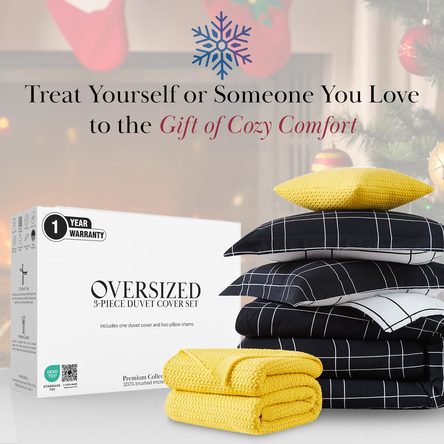 Southshore Fine Living, Inc. Reversible 5-Piece King/California King Comforter Set, Microfiber with Down Alternative, Acrylic Throw Blanket, 2 Pillow Shams, Throw Pillow Cover, Black/White Plaid