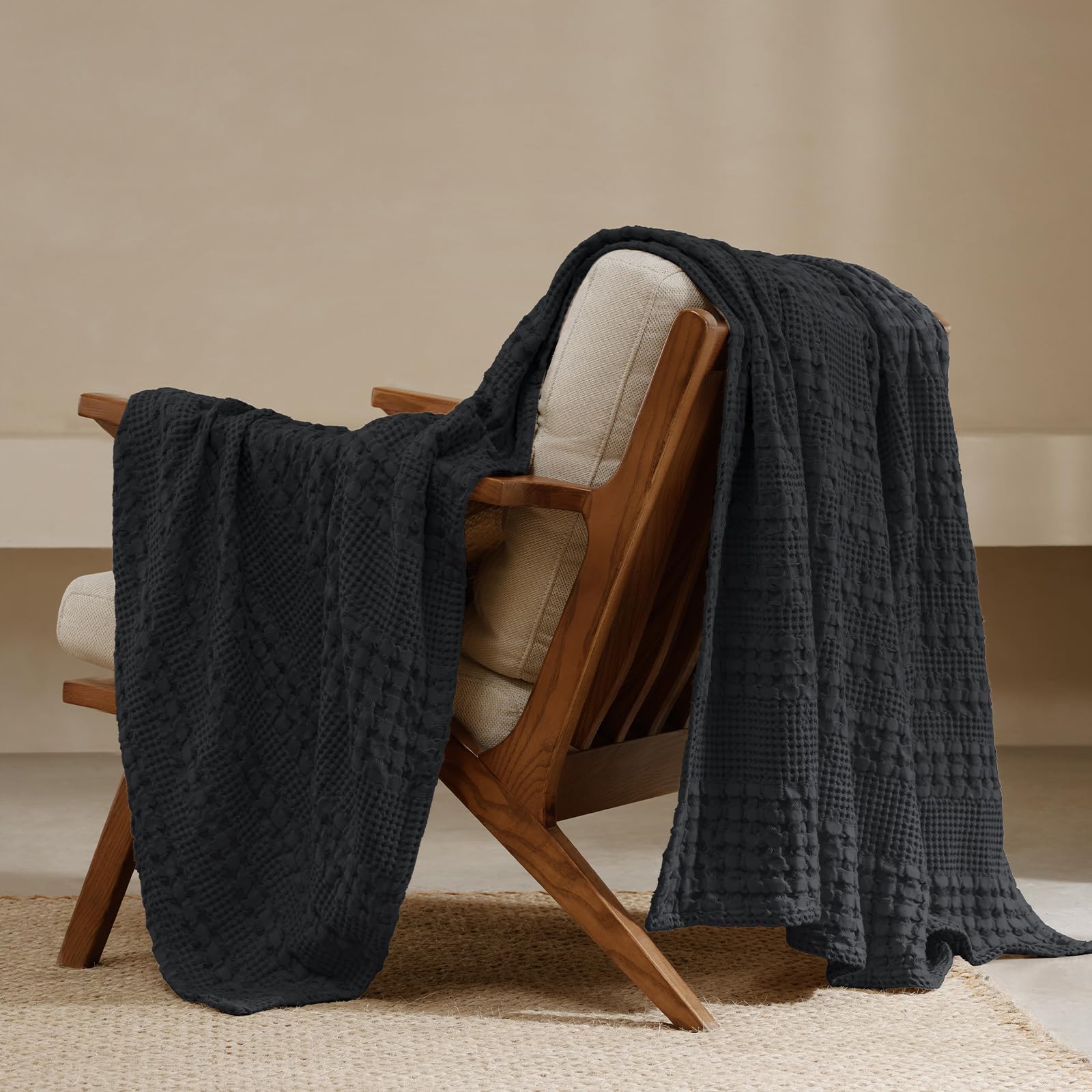 phf 100% cotton waffle weave throw blanket, soft lightweight breathable cozy throws for couch bed sofa, luxury aesthetic blanket gift for home decor & office, 50"x60", black