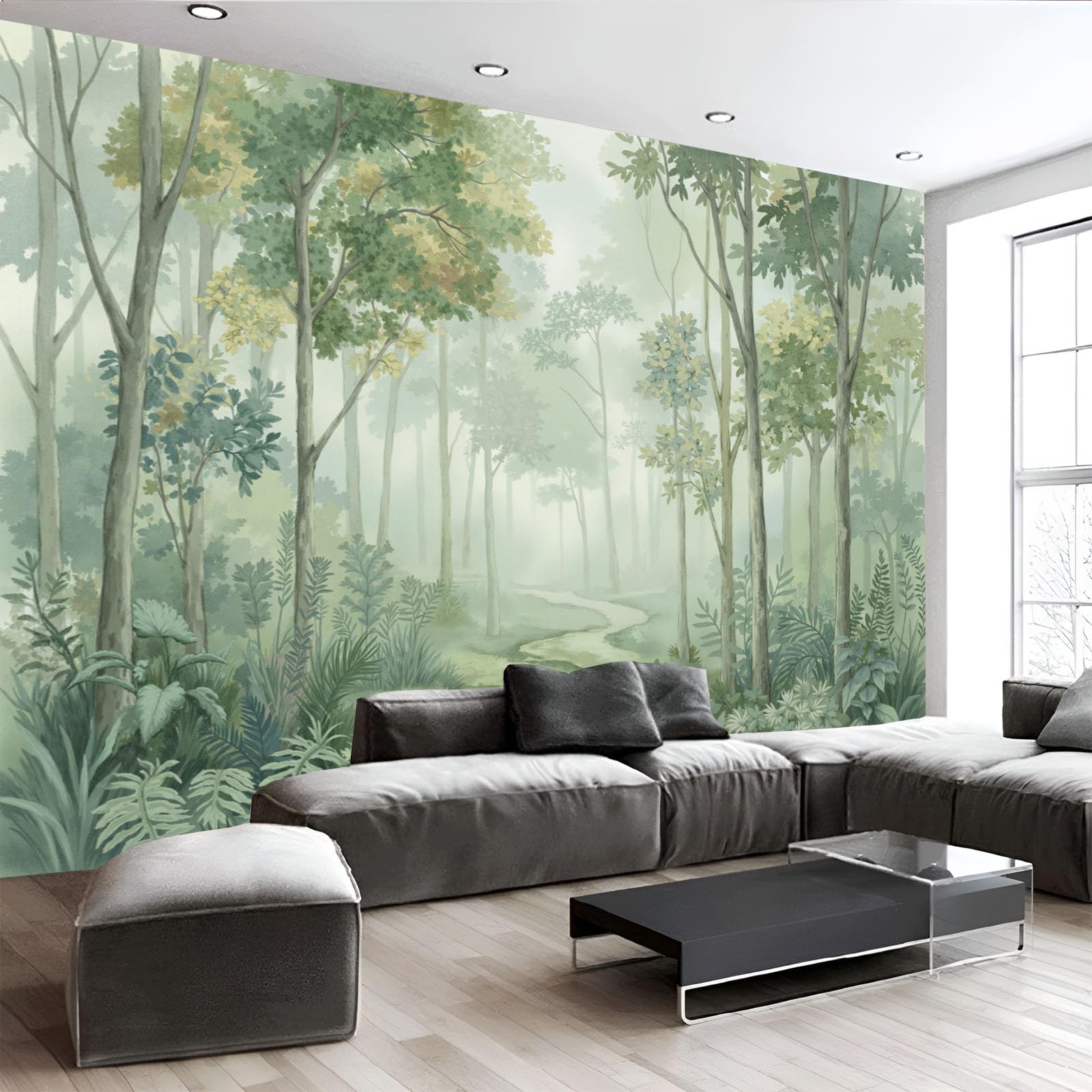 Carta Da Parati Panoramica Verde 400 x 280 cm - Murales Acquerello Piante tessuto non tessuto, Decor Carta da Parati Paesaggio Boschivo Nebbia, per Soggiorno Cucina Corridoio Muro Di Sfondo
