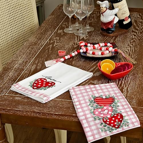 Miniatura 8 de ARKENY AD170 - Juego de 2 paños de cocina para el día de San Valentín, diseño de búfalo rosa, diseño de lunares, corazón rojo, eucalipto, 18 x 26
