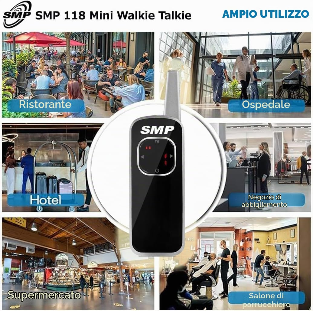 Mini Walkie Talkie SMP SMP118H, Ricaricabile, RMR446, 25 Canali CTCSS/DCS, Ricetrasmittente PMR a Lungo Raggio, per Sicurezza, Ristoranti, Luoghi di Lavoro