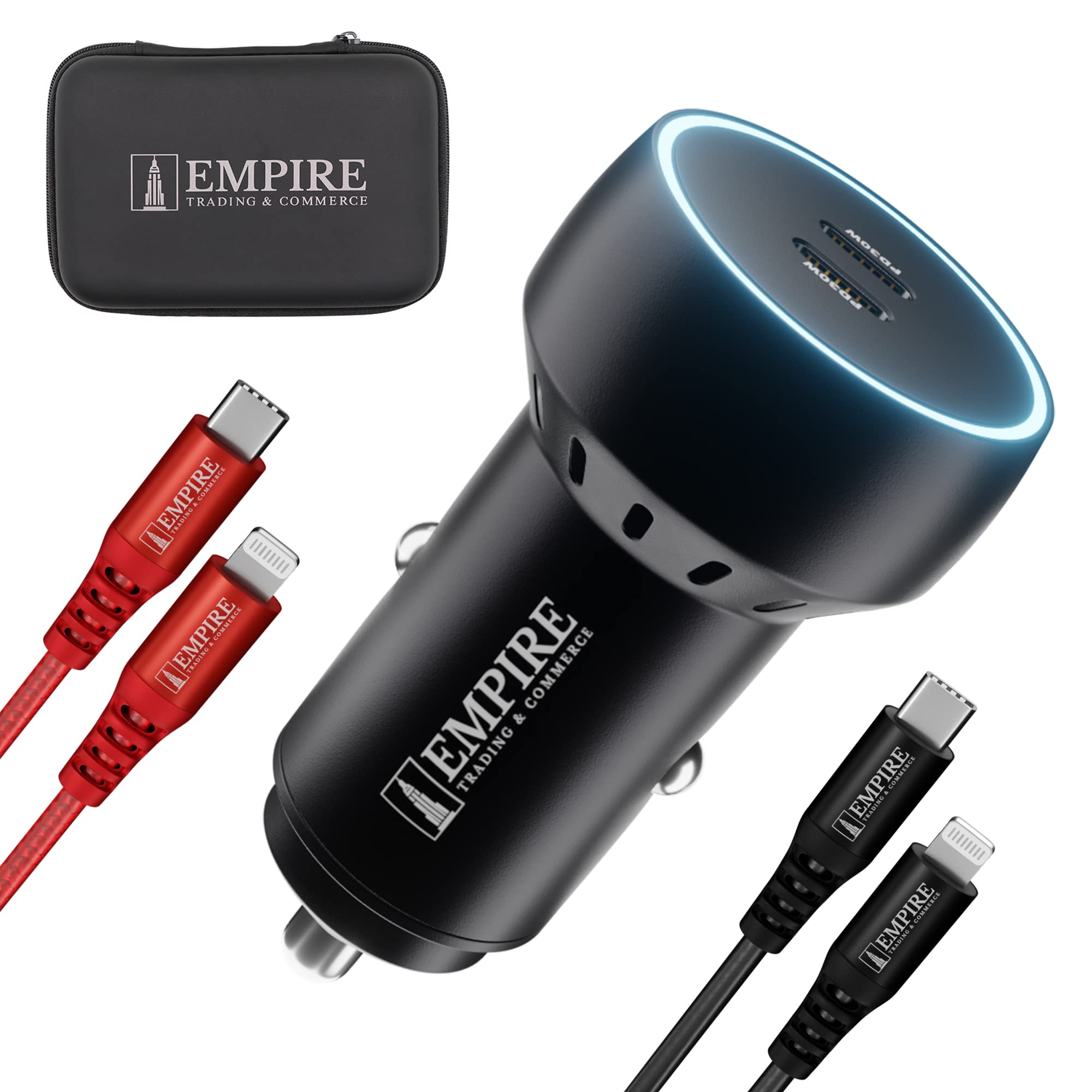 Empire Fast Car Charger with PD 60W Dual Port + 2 Phone Charger iPhone Cables (3m & 1m) USB C Car Charger, iPhone Car Charger Fast Charging Technology with FREE Air Freshener & Overcharging Protection
