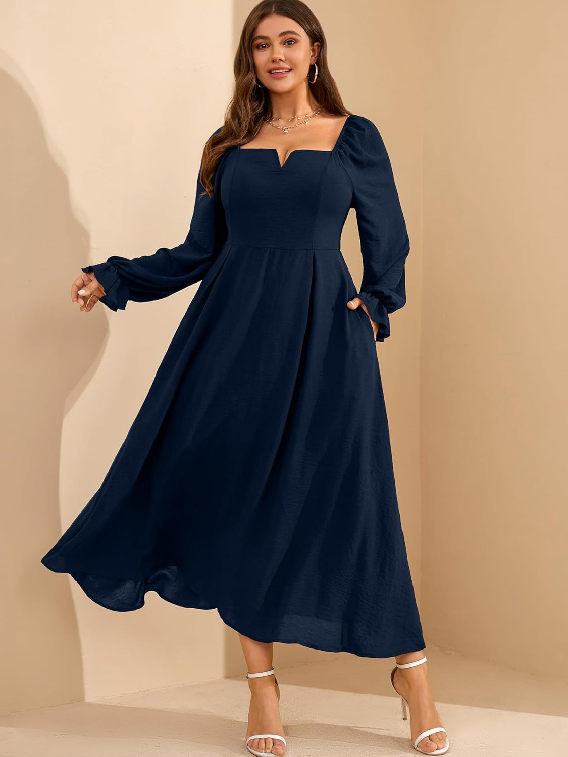 RWJ Long Sleeve Dress for Women 2025 Fall V Neck Elegant Flowy Plus Size Formal Wedding Guest Maxi Dresses with Pockets - Image 4