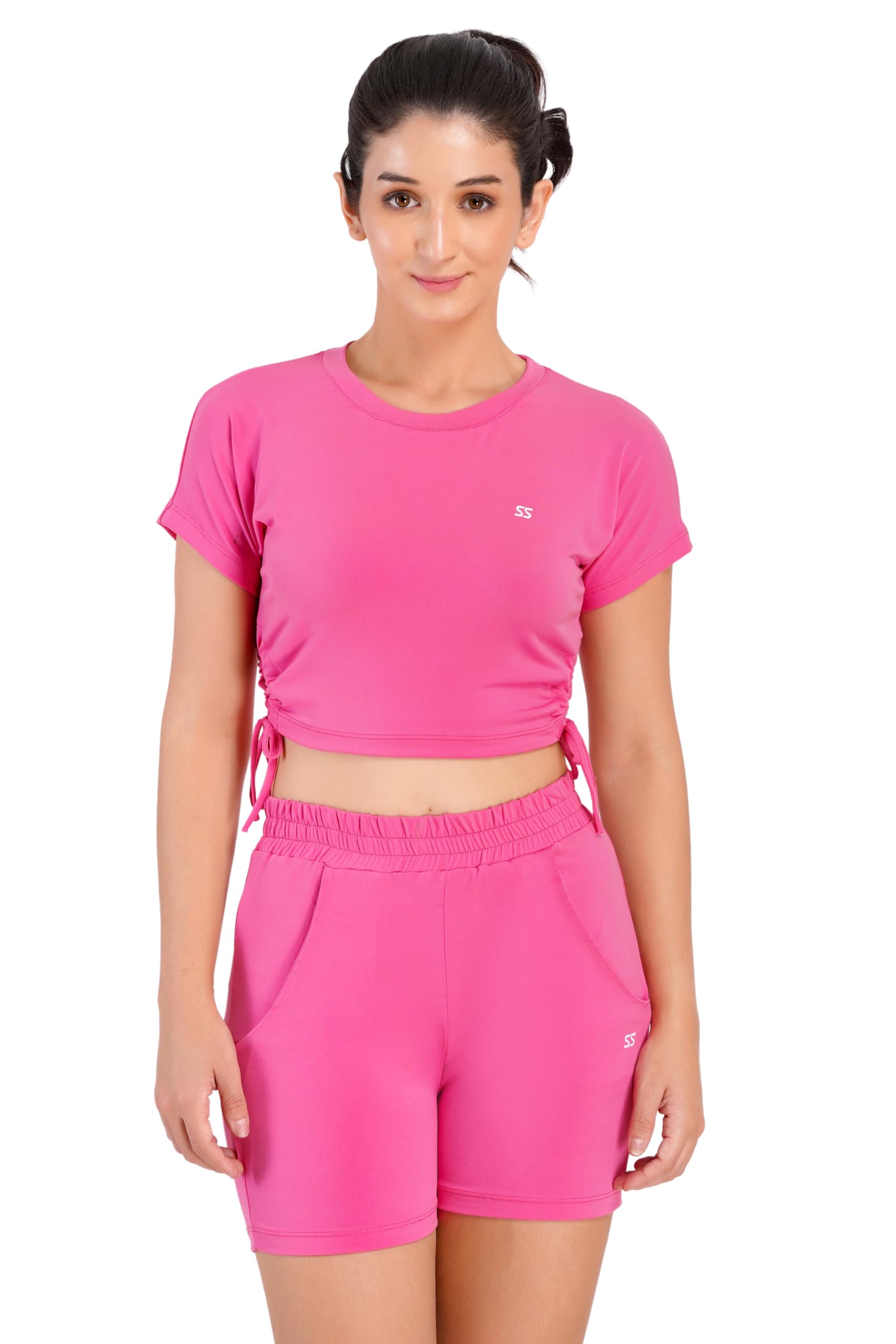 Women's GYM and Yoga Crop Top and Shorts Co-ord Set, Polyester, Activewear with Adjustable Side Drawstrings-image-47