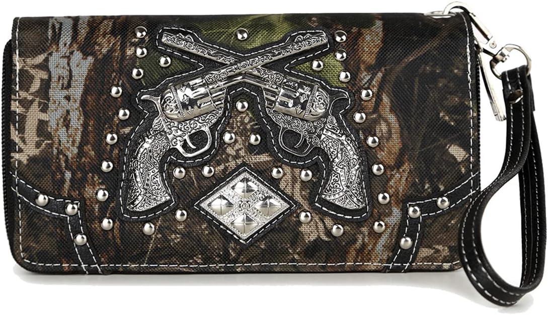 Camouflage Cross Pistol Revolver Gun Studded Clutch Conchos Women Zipper Wallet Western Wristlets Purse