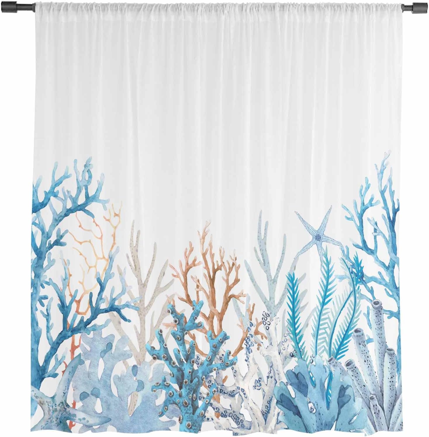 Watercolor Coral Window Curtains 84 Inches Long,Semi Sheer Rod Pocket Chiffon Curtains & Drapes Drapery Voile Draperies for Living Room/Bedroom/Kitchen,Blue Summer Ocean Starfish Simple White