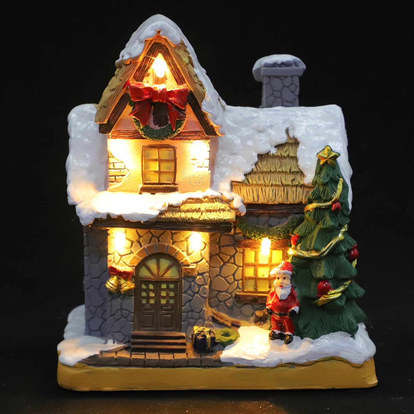 Housoutil Decoración de Casa Iluminada Navideña de Resina Paisaje con Nieve de Escritorio Microdecoración para Fiestas Navideñas