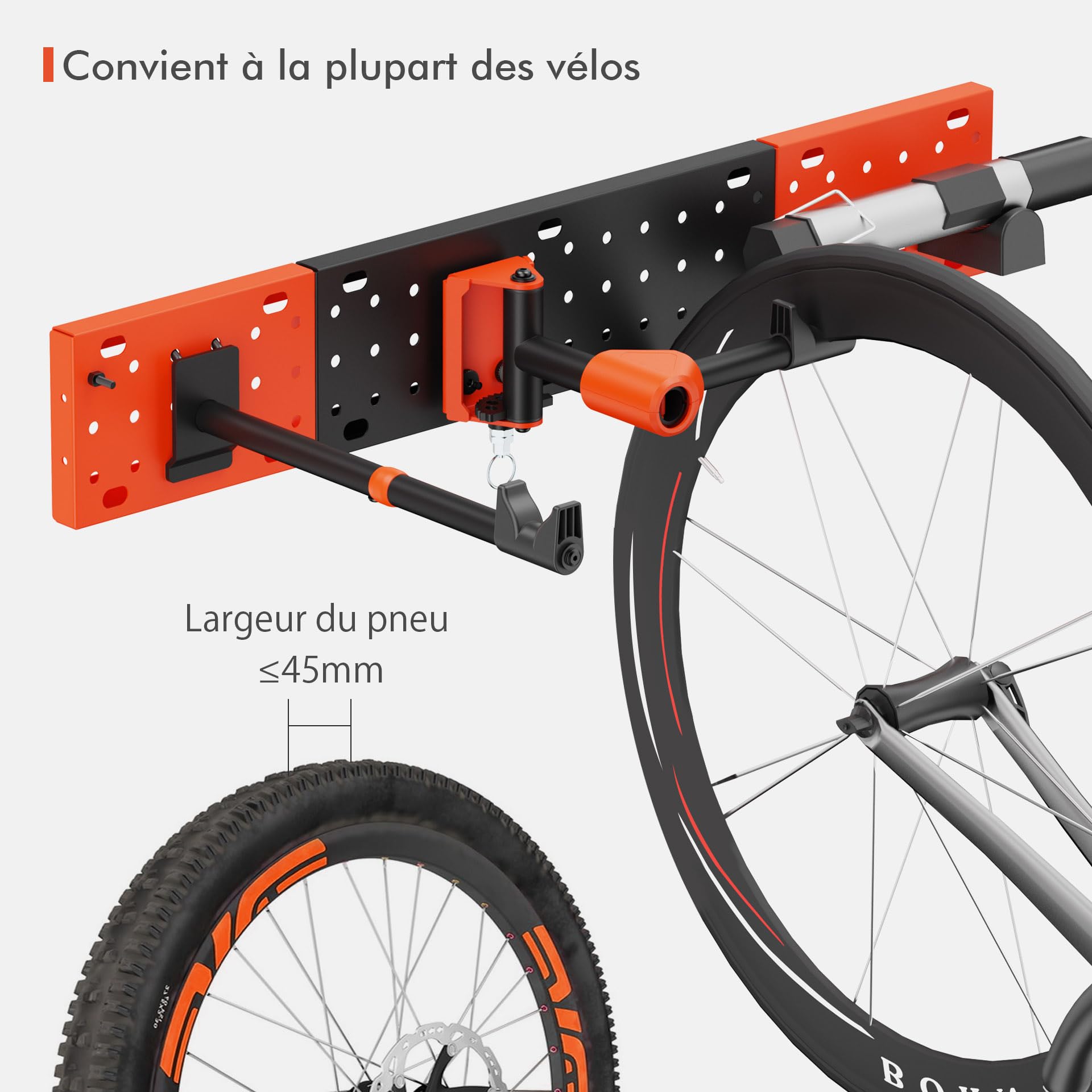 Mimoke Support mural pour vélo, réglable verticalement et horizontalement, capacité de charge jusqu'à 30 kg, panneau perforé avec crochet à outils, peu encombrant, pliable, VTT, vélo de route