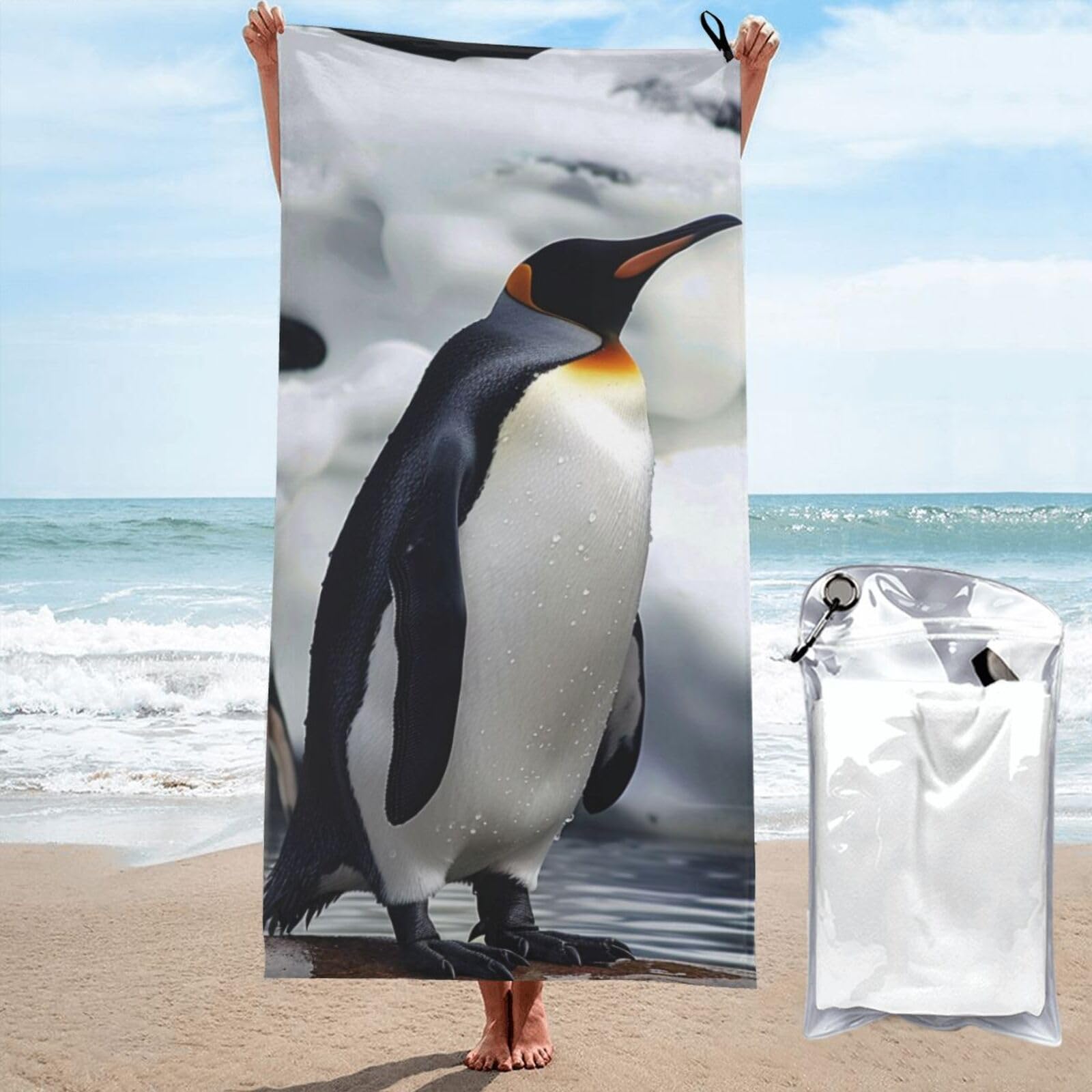 kkvhhyuo Microfiber Beach Towel, Penguin Printed Lightweight Quick Dry Travel Bath Sheet with Compact Carry Bag for Swimming Yoga Camping Gym,31.5"x63"