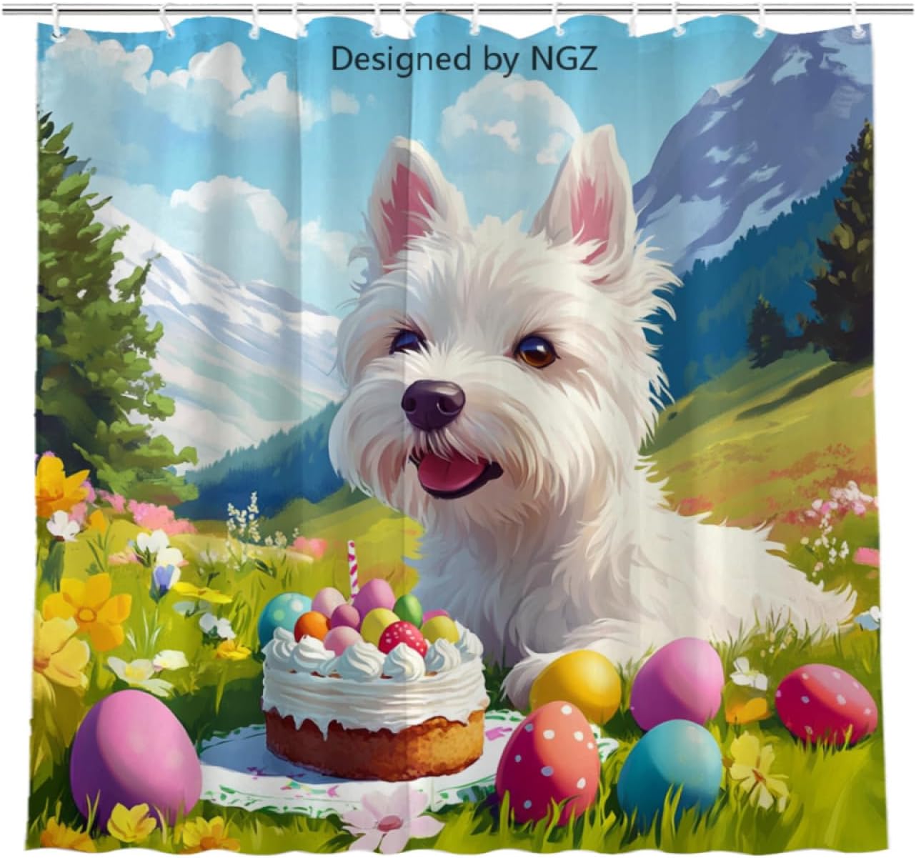 NGZ Easter Dachshund Shower Curtain 72 x 72 Inches, Easter Happiness Dachshund in Garden Scene with Cake, Spring Floral Shower Curtain Set with 12 Hooks for Bathroom Decor