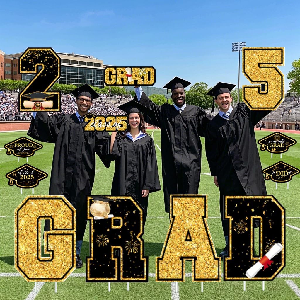 Graduation Yard Signs, 14 PCS Congrats Grad Lawn Stakes, Class of 2025 GRAD Yard Signs with Stakes, Graduation Party Decorations for Outdoor School College Party Decor (Black Gold)