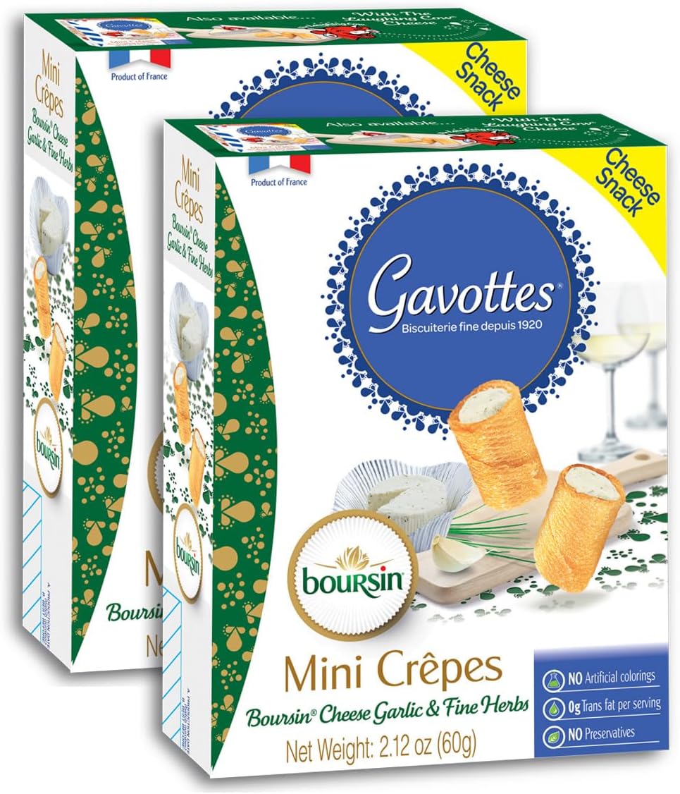 Gavottes French Boursin Cheese Filled Mini Crispy Crepes 2 Pack | Crepe Crackers with Boursin Garlic & Herb Cheese Filling | Ready to Eat Crispy Crepes Snack From France(2 Packs of 2.12oz/60g)