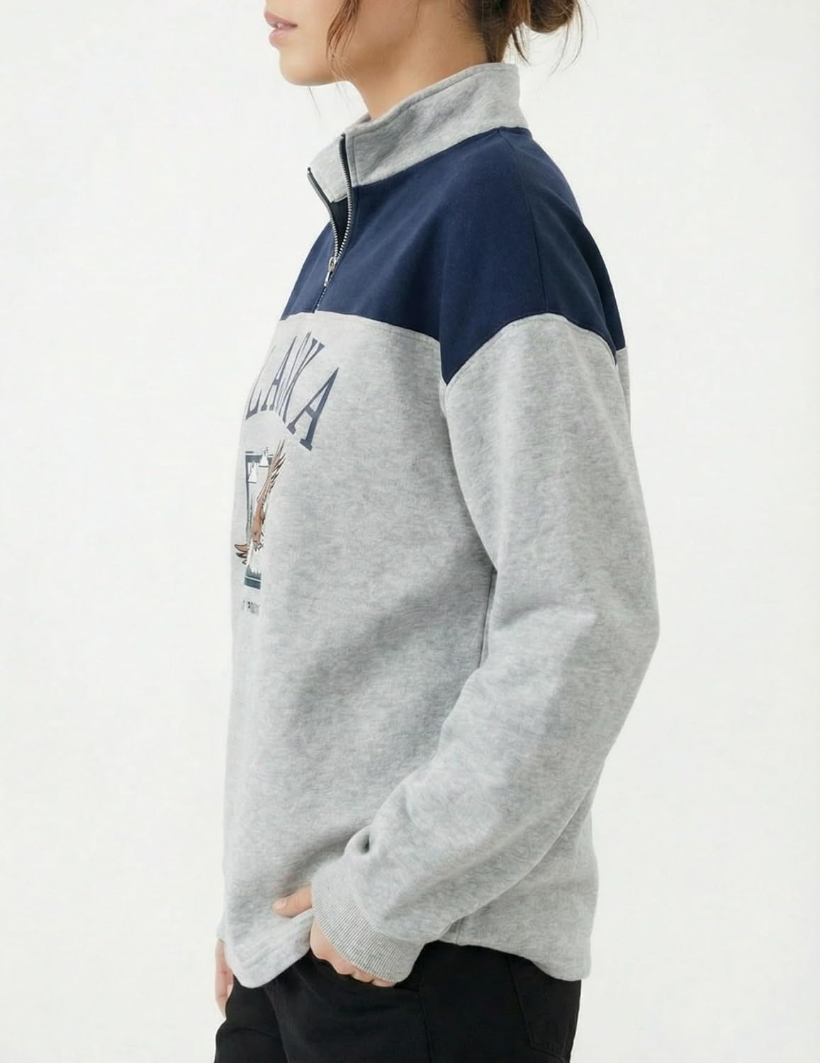 ZAFUL Women's Oversized Quarter-Zip Sweatshirt Alaska Eagle Letter Colorblock Fleece-Lined Pullover Vintage Raglan Hoodie - Image 3