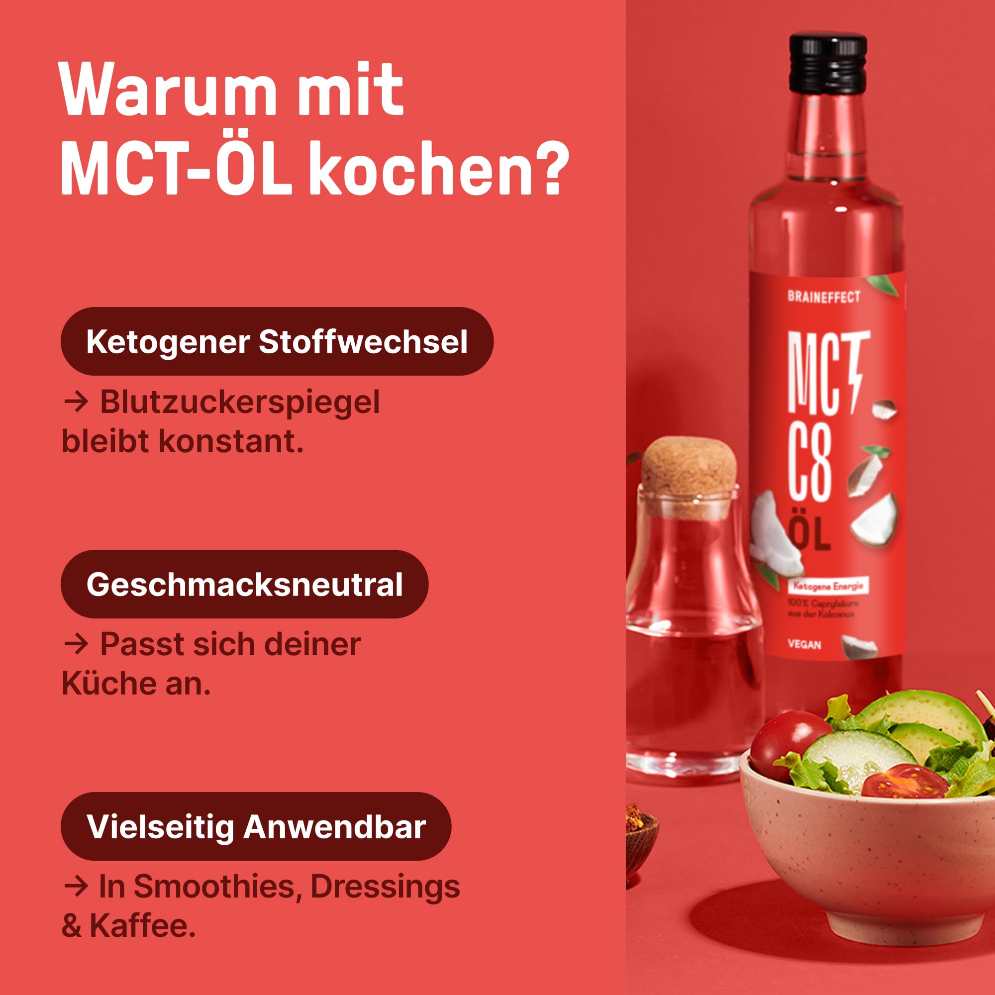 BRAINEFFECT MCT-Öl C8 BUNDLE (2 * 500ml) - Bildet 300% mehr Ketone als andere MCT-Öle (100% C8) - Ketogene Ernährung - Reiner Extrakt aus Kokosnussöl - Ideal für ketogene Diät & Bulletproof Coffee