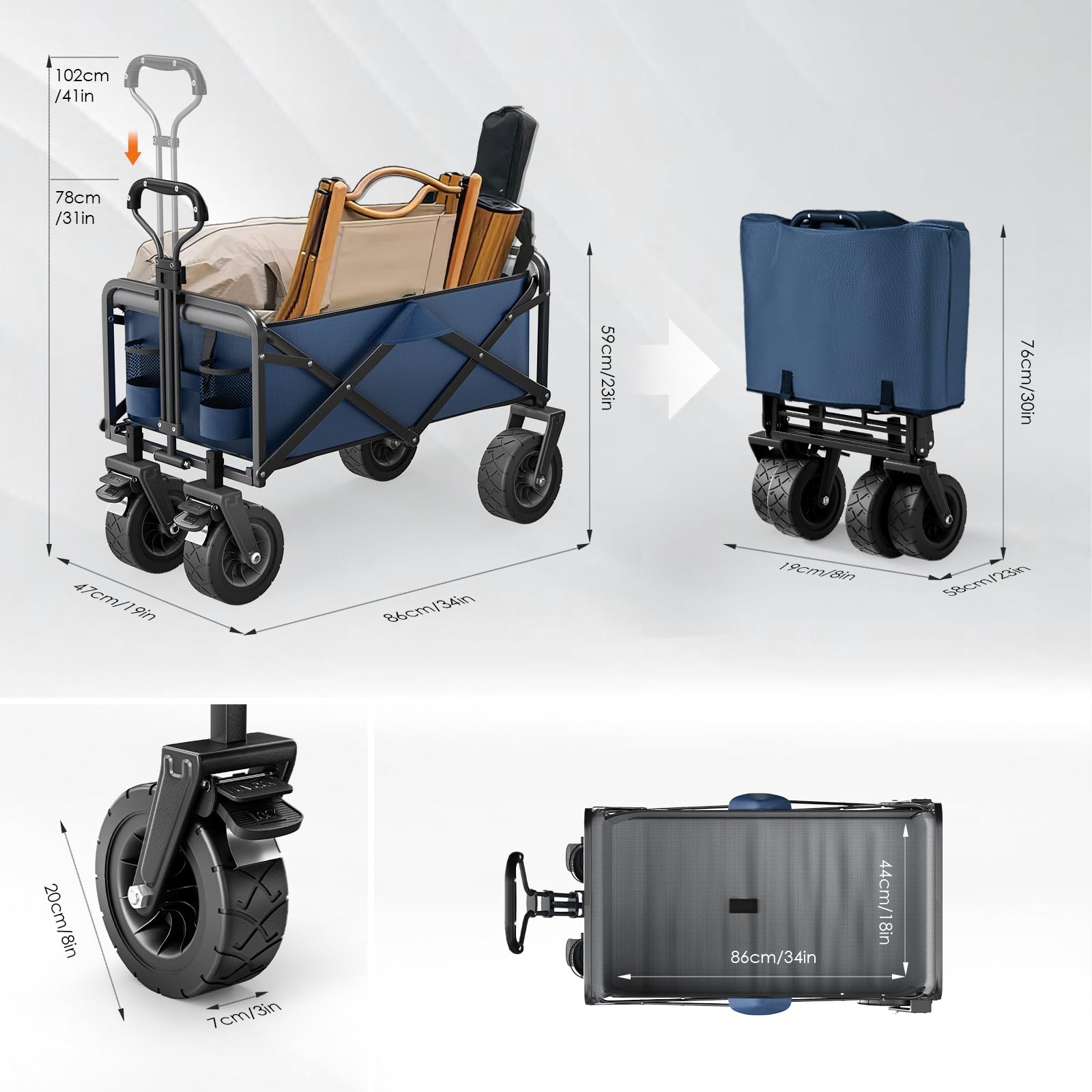 Taphnw 100L Chariot de Transport Pliable, Charge maximale de 110 kg, Chariot Jardinage de Plage avec Poignée Réglable, Tissu Oxford 600D, Voiture Pliante pour Tout Terrain, Plage, Camping (Bleu)