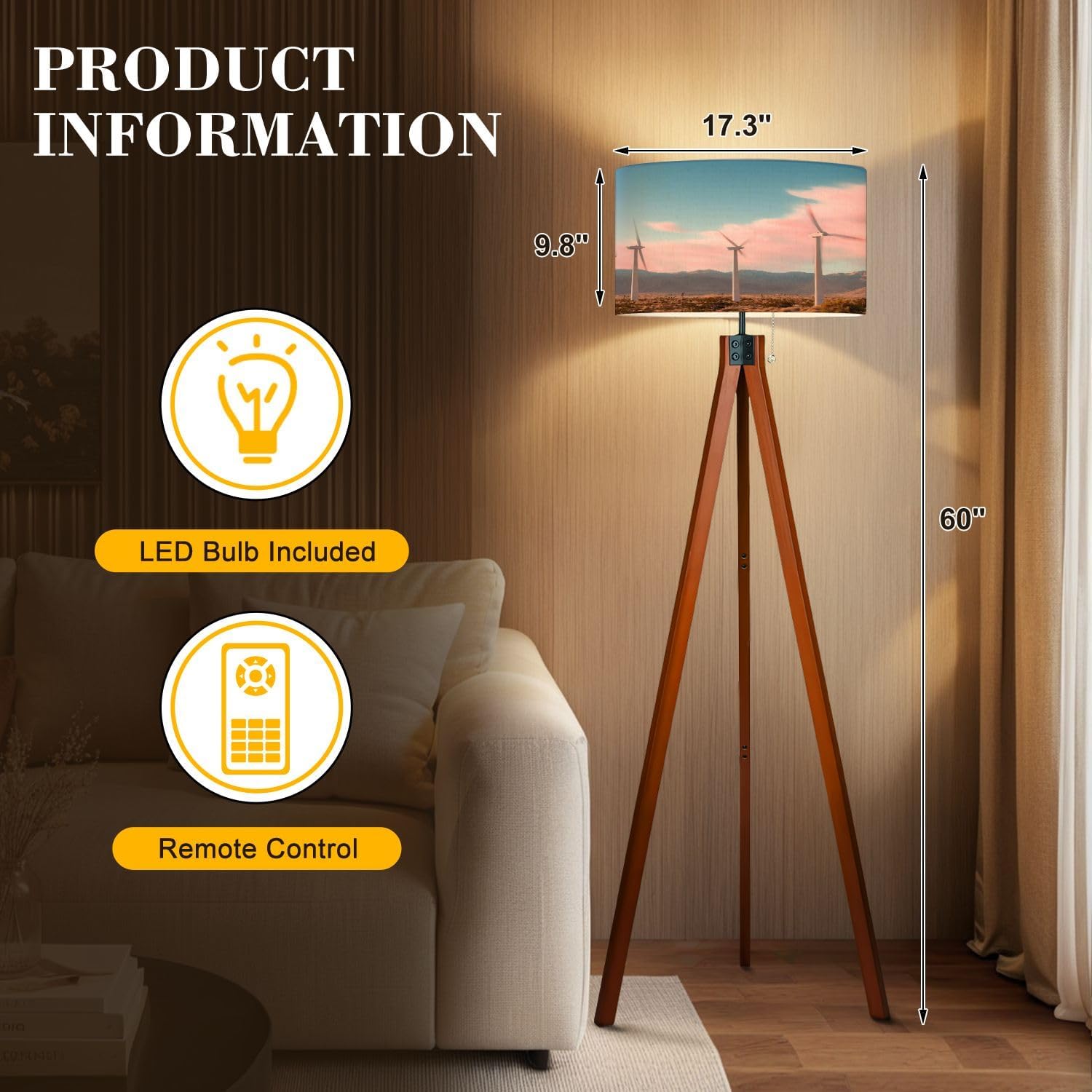 Wood Tripod Floor Lamp Palm California Wind Farm Mid Century Standing Lamp Linen Shade Dimmable Modern Tall lamp Home Decor for Living Room Bedroom Office