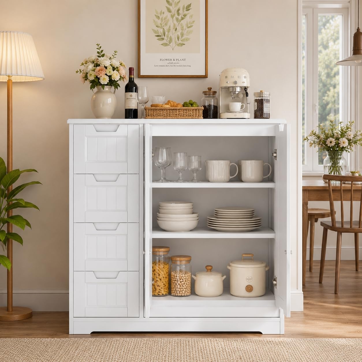 Xbro Küchenschrank, Sideboard mit 4 Schubladen und 2 Türen, Buffetschrank mit verstellbarem Einlegeboden, Aufbewahrungsschrank für Küche, Esszimmer und Wohnzimmer, 81 x 30 x 83 cm, Weiß