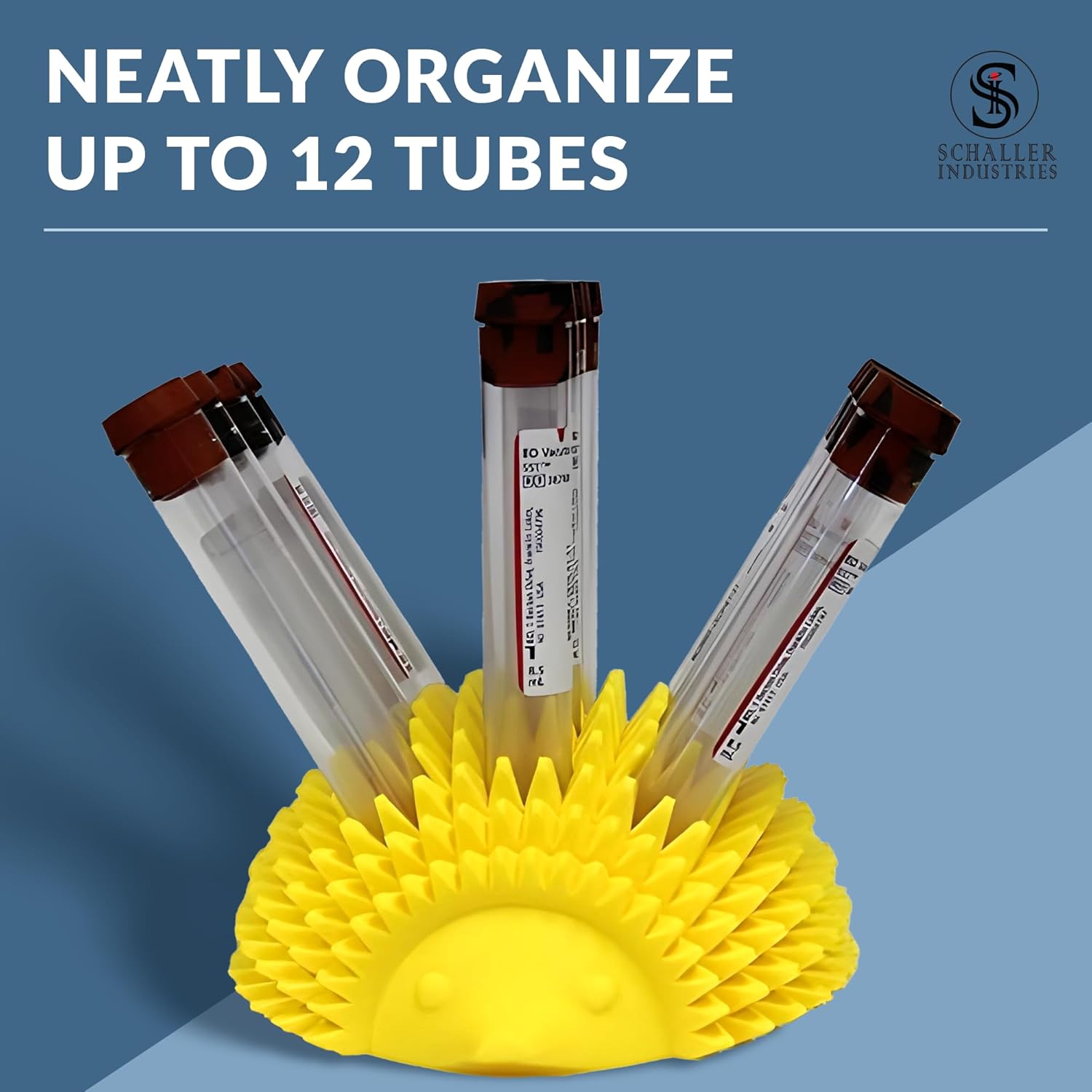 Schaller Industries Hedgehog Test Tube Rack - Holds 12 Blood Collection Tubes for Veterinary Supplies, Compatible with 13mm Plastic & Glass Test Tubes, Fun Cartoon Lab Equipment Storage Stand-Yellow