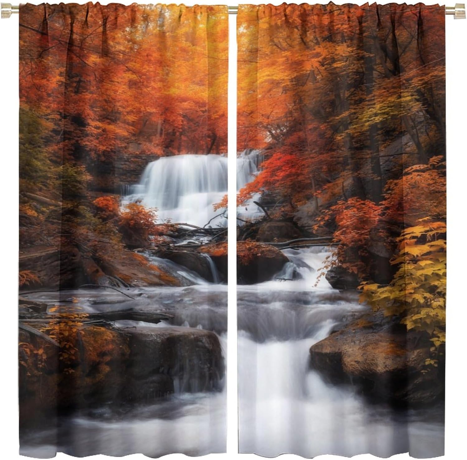 Vintage Nature Mountain Waterfall Curtains, Rustic Romantic Autumn Golden and Red Forest Leaves, Thermal Insulation Blackout Rod Pocket Window Treatments for Living Room Bedroom Kitchen 42x54 Inch