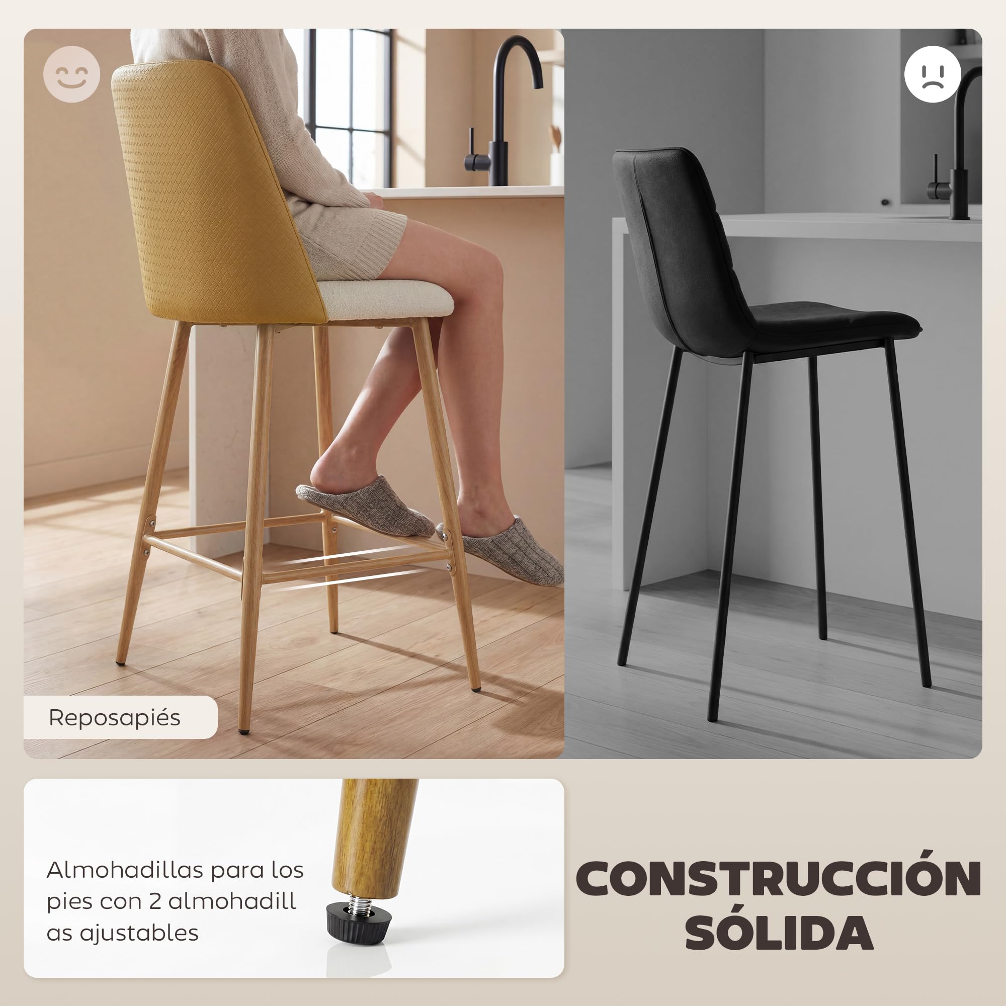 HOMCOM Juego de 2 Taburetes de Bar con Respaldo, Reposapiés Marrón | Taburetes Altos de Cocina, Respaldo Efecto Tejido con Lino Cepillado y PU, Marco de Acero, Asiento de 65 cm de Altura