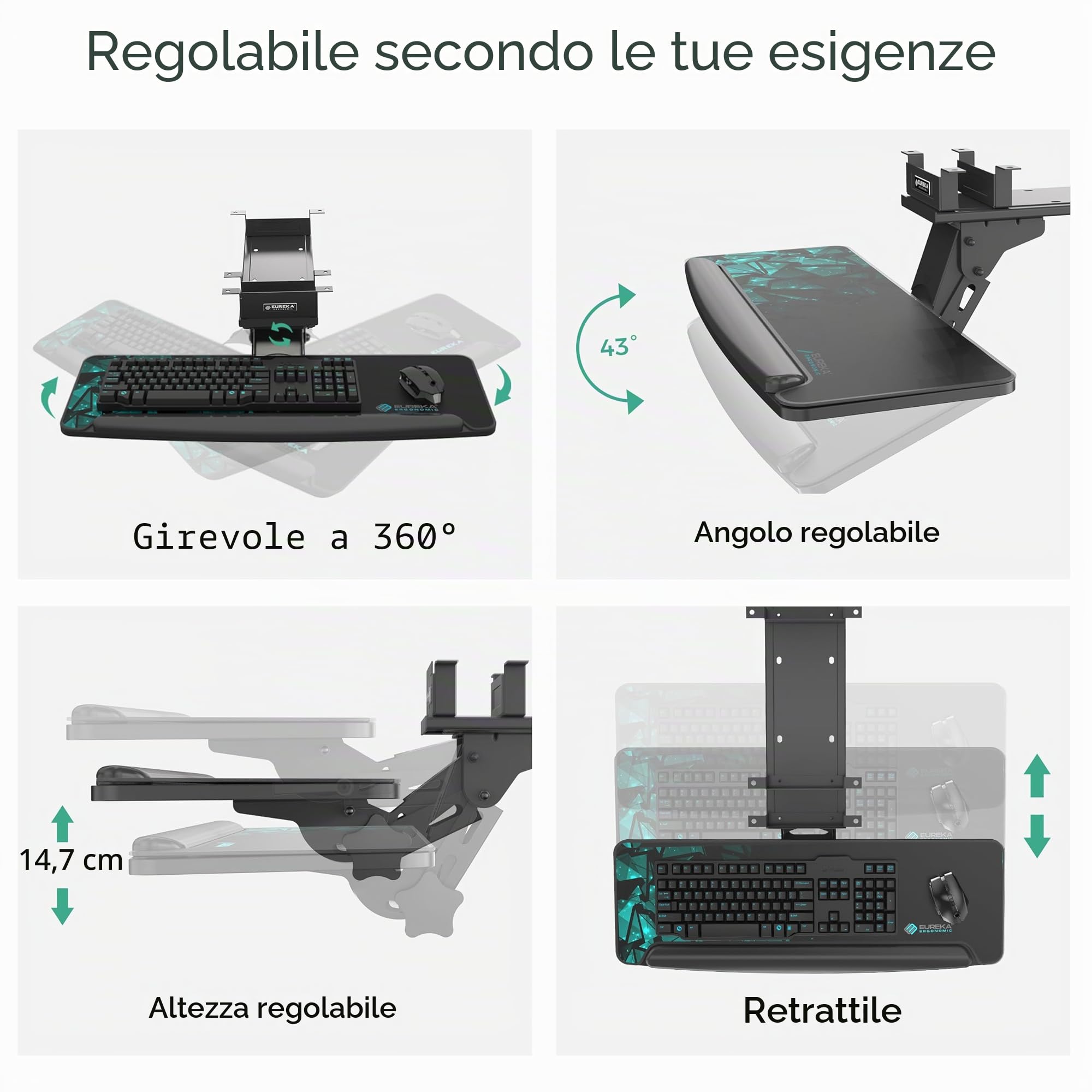 EUREKA ERGONOMIC Vassoio per Tastiera Regolabile in Altezza inclinabile e inclinabile sotto la scrivania Girevole a 360°, con Tappetino per Il Mouse (Nero2)