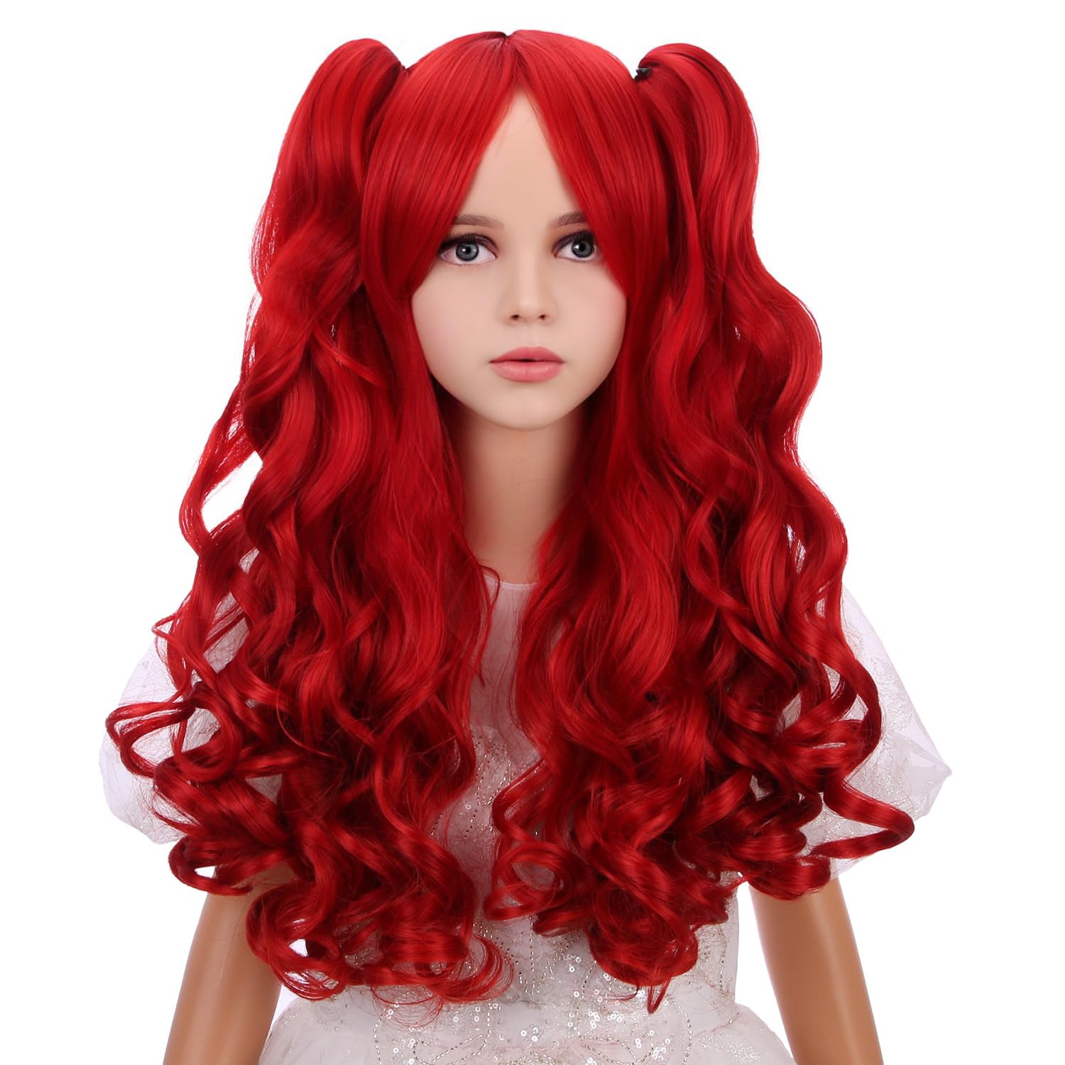 WAVELNM Red Wig for Kids Girls Burgundy Red Wig with Bangs Kids Ponytail Wigs Child Long Curly Wavy Wigs for Daily Halloween Party Cosplay