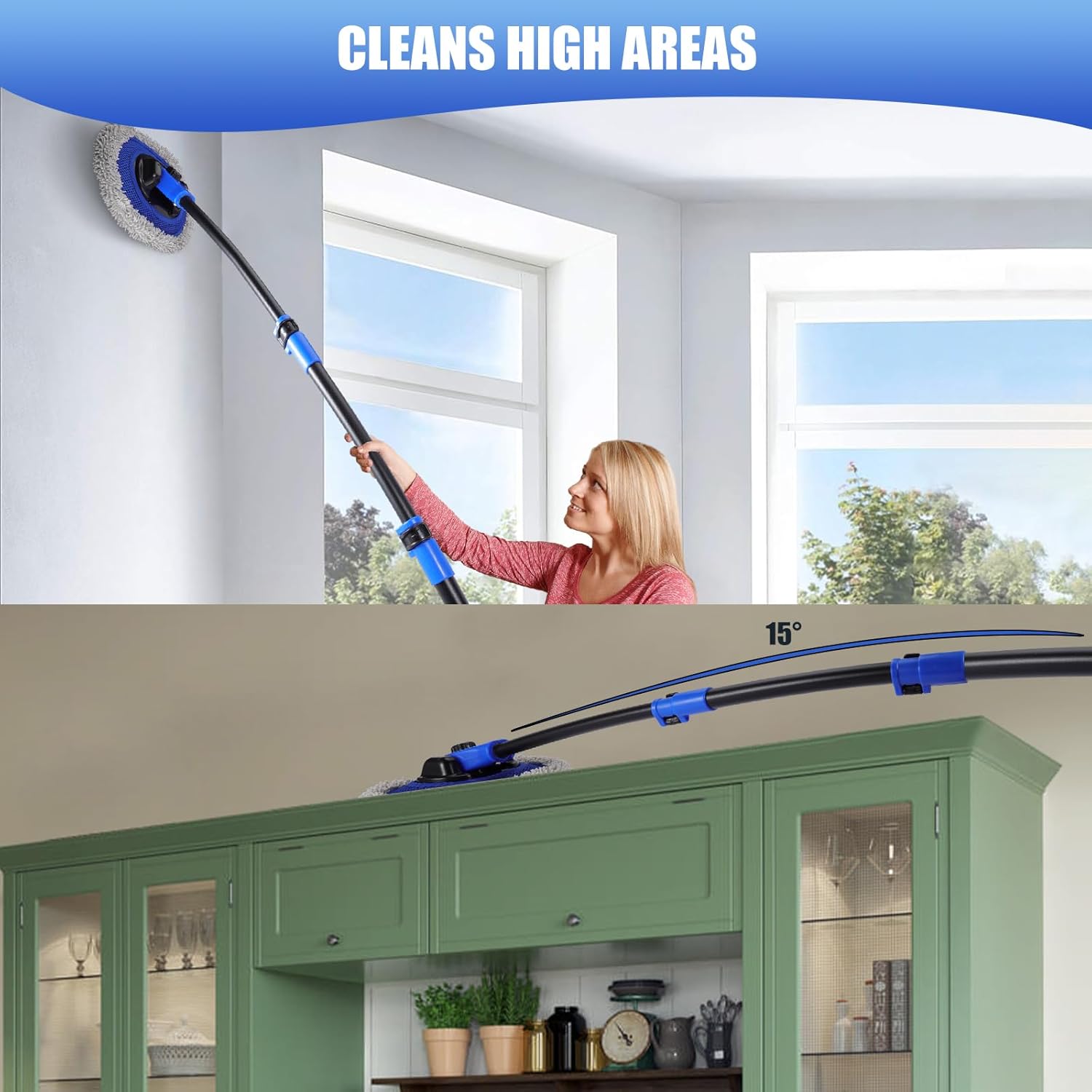 Wall Cleaner Mop, Washer Mops with Long Handle for Cleaning Walls Baseboard Window High Cabinet Ceiling Floor, 15°Bend Labor-Saving Microfiber Dry Dust and Wet Wash Cleaning Mop with Replacement Pad