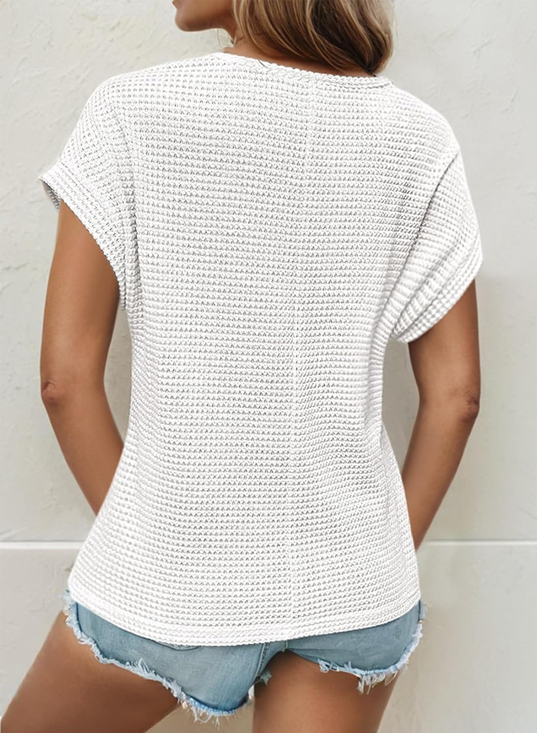 Dokotoo Women's Tops Casual Scoop Neck Short Sleeve Waffle Knit Hollow Out Shirts Loose Tunic Tops Blouses image 3