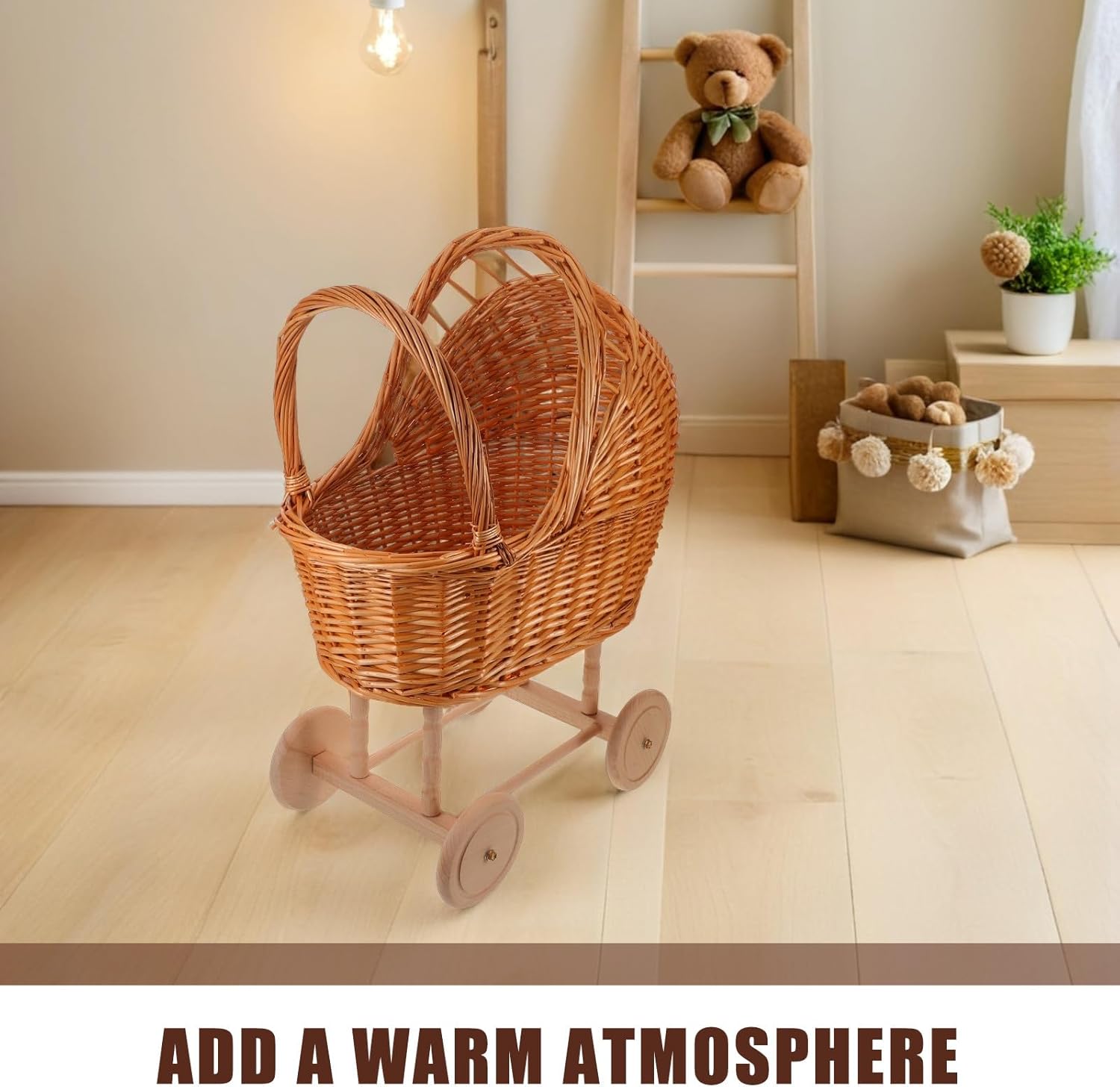 Ciieeo Rattan Baby Doll Pram Stroller with Handle - Woven Flower Girl Basket Boy Shower Candy Box for Wedding Christmas Party Favors Floral Arrangement