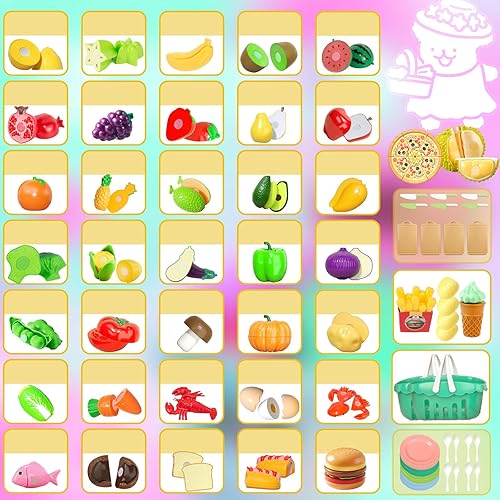 Miniatura 6 de Juego de 141 piezas de comida para niños, juguetes de cocina con cuchillo, cesta de almacenamiento, juguetes educativos de aprendizaje para niños a