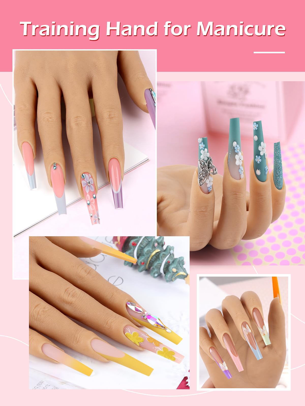 Mano para Practicar Uñas - Silicona Mano de Práctica con 240 Piezas 3XL de Uñas - Flexible Dedos para Practicar Uñas para Principiantes Salón Casa, Natural