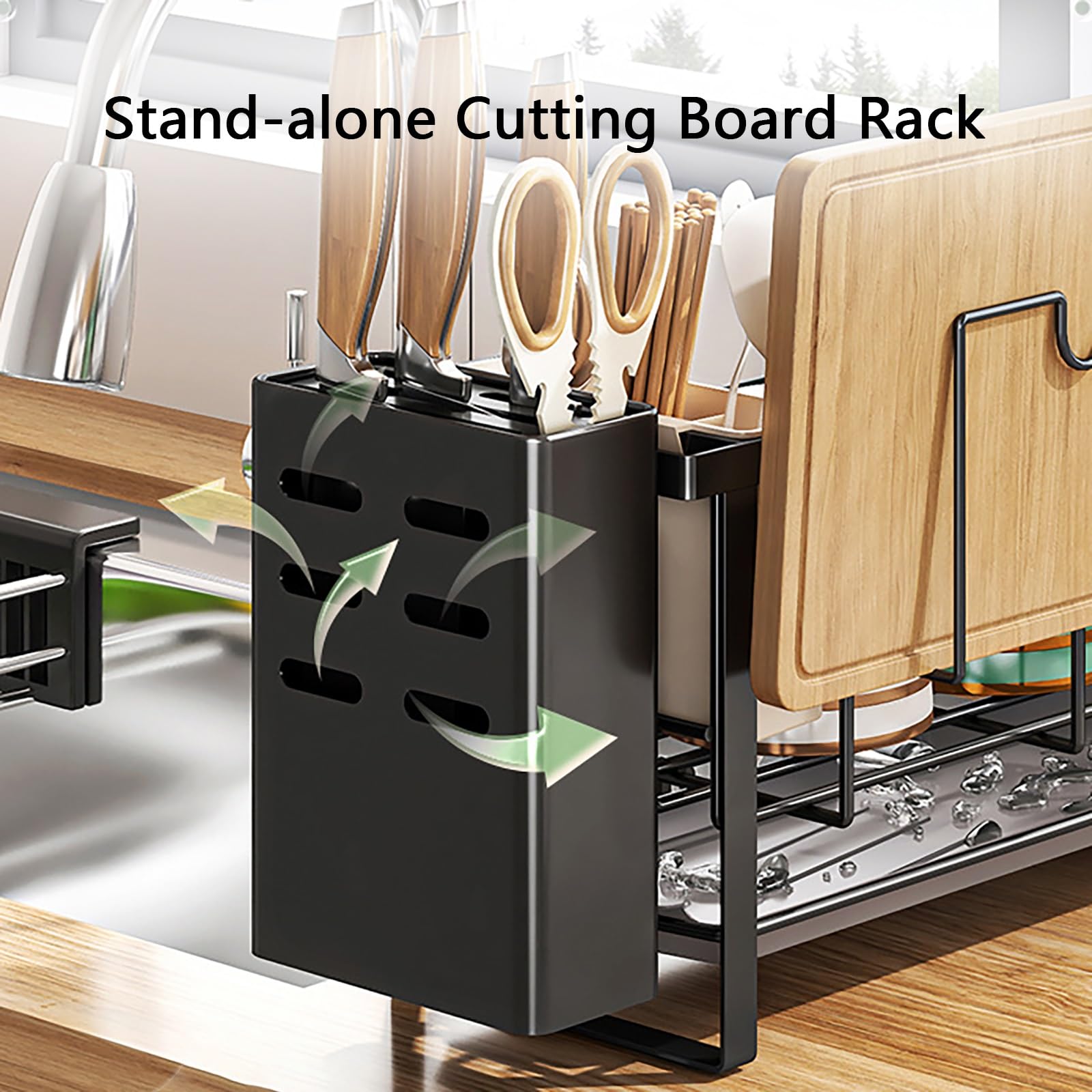 Égouttoir à vaisselle pliable, peu encombrant, pliable en fer avec planche d'égouttement, design à séchage rapide et porte-ustensiles pour petites cuisines (noir, taille L)