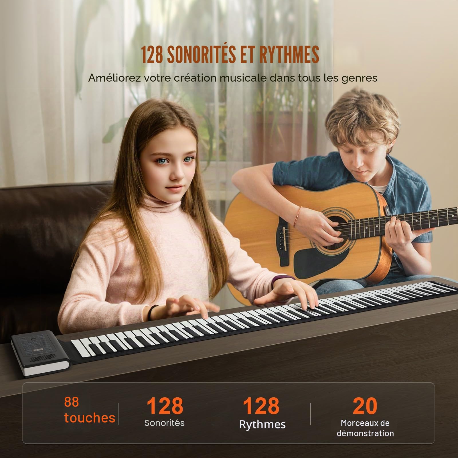 VEVOR Clavier Piano Enroulable 88 Touches, 128 Rythmes et 128 Tons, Piano Numérique Rechargeable Portable avec Haut-parleur 2 W, Ecran LED, 5 Ports, Fonction MIDI, pour Enfants, Débutants, Adultes