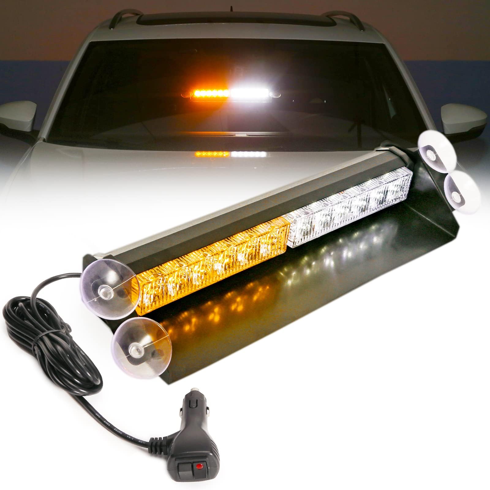 14.8in LED Emergency Strobe Light Bar for Windshield, Interior Visor Deck Flashing, Amber/White, 12 LEDs, 12/24V, Hazard Safety Warning Lights for Police, Law Enforcement, POV, Trucks, Vehicles