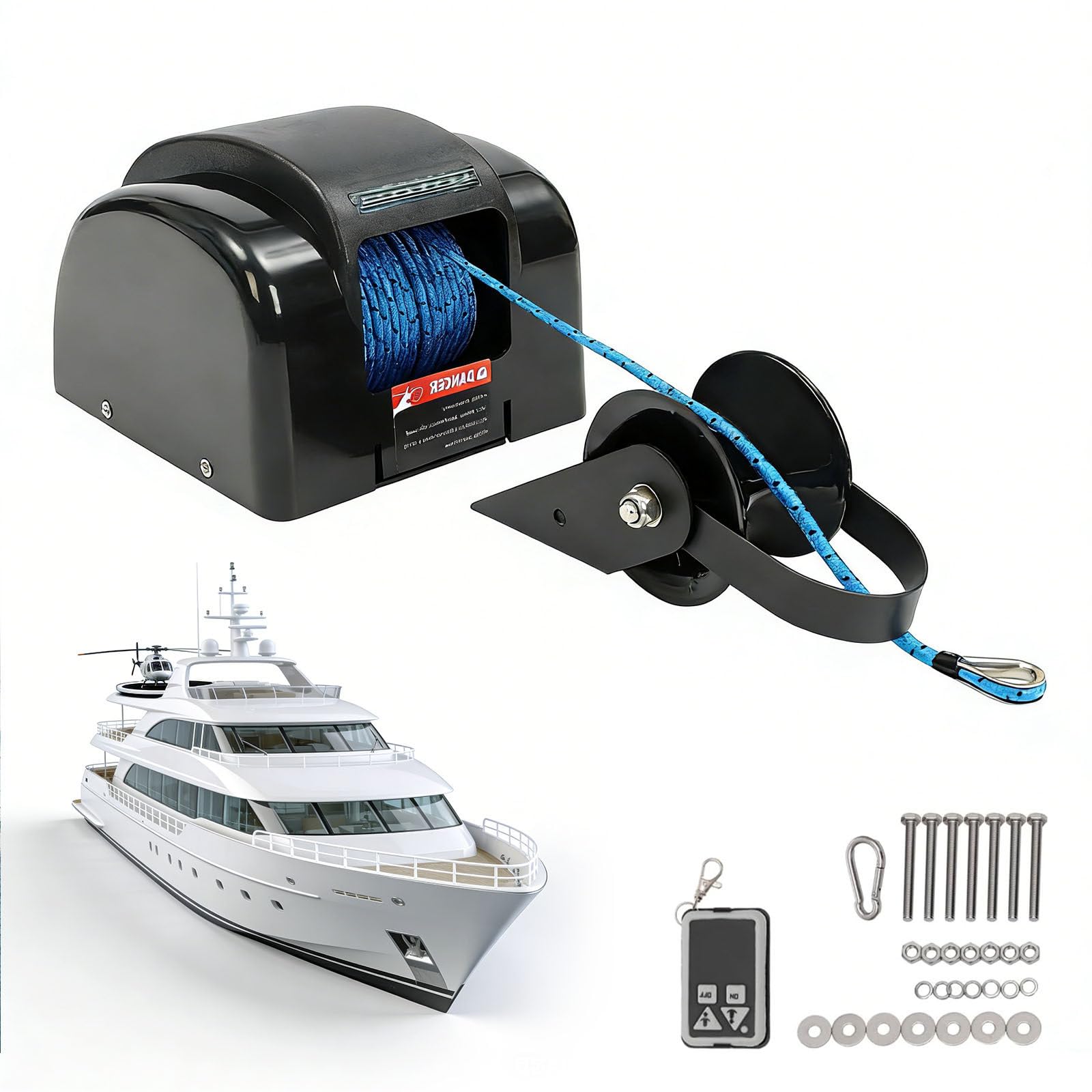 Kit verricello elettrico per barca e salpa ancora con telecomando wireless, portata 21 kg e corda da 31 m, ideale per piccole barche e gommoni