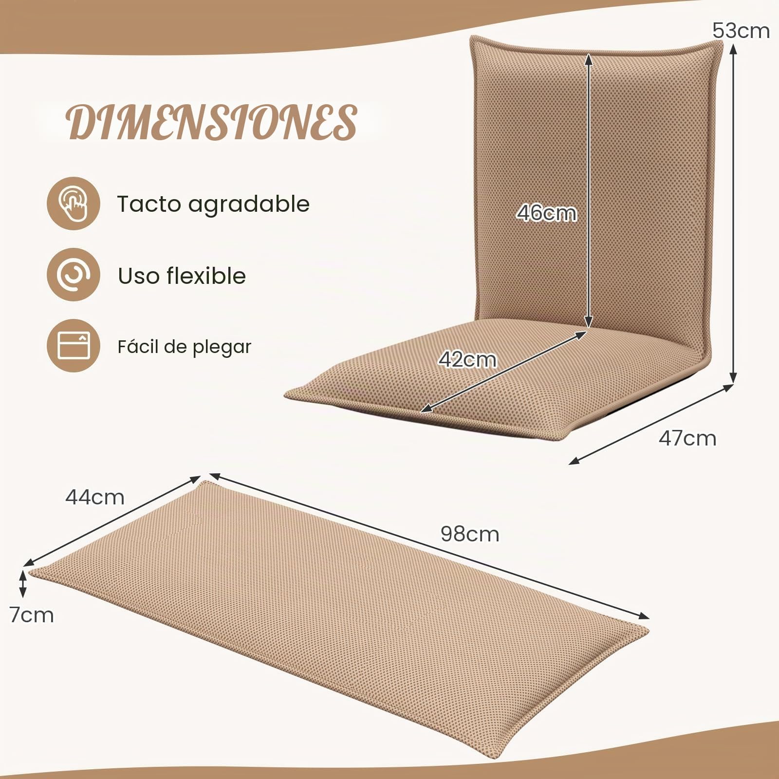 FANTASK Silla de Suelo con Respaldo Ajustable de 6 Niveles, Acolchado, para meditación, para meditación, Color Beige