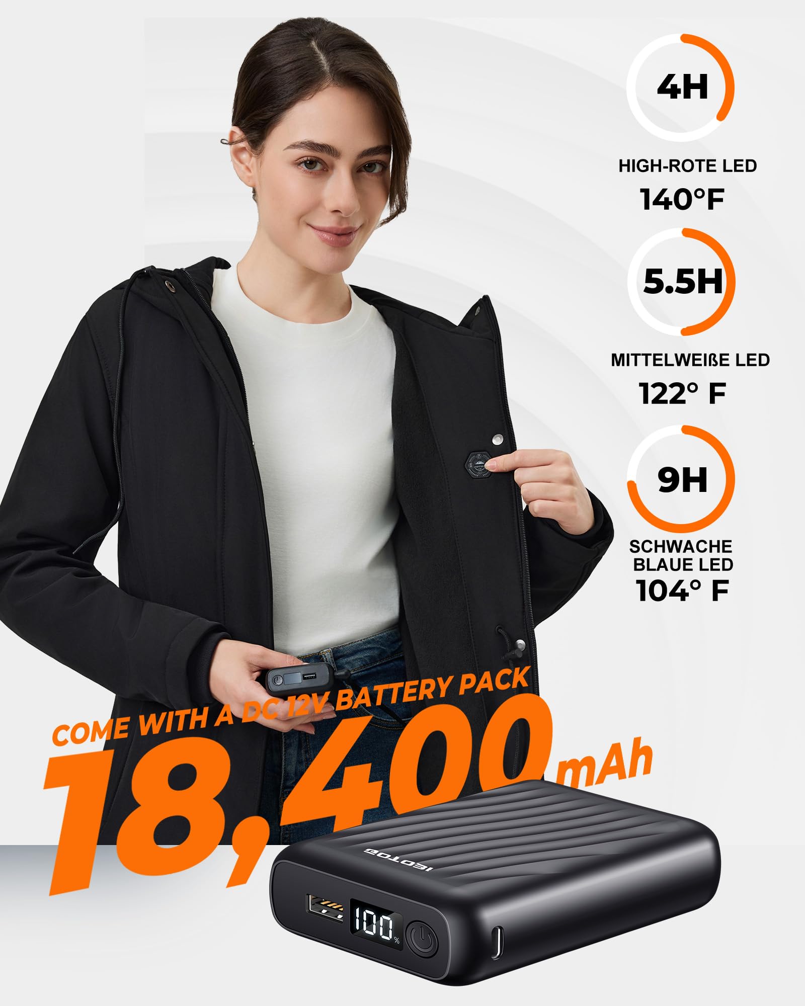 Beheizbare Jacke Damen mit Powerbank 12V 18400mAh, 8 Heizzonen Heizjacke mit 3 Temperaturstufen, Fleecefutter Winddicht Langer Winter Parka mit Kapuze fur Outdoor