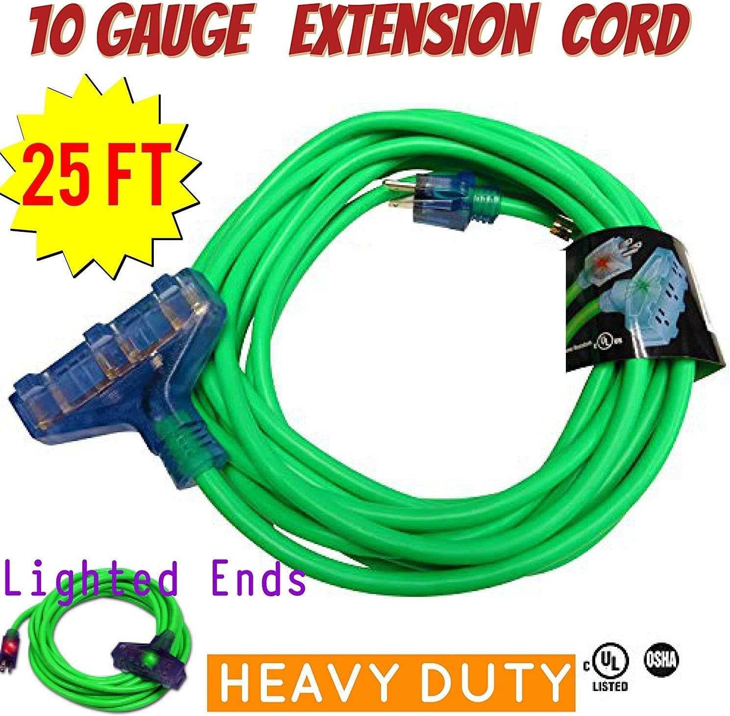 10/3 Contractor Grade 25 ft 10 Gauge Power Extension Cord Indoor Outdoor 10/3 Plug Triple Tap Extension Cord with Lighted Ends Heavy Duty Extension Cord 25 ft Triple Tap Extension Cord Green
