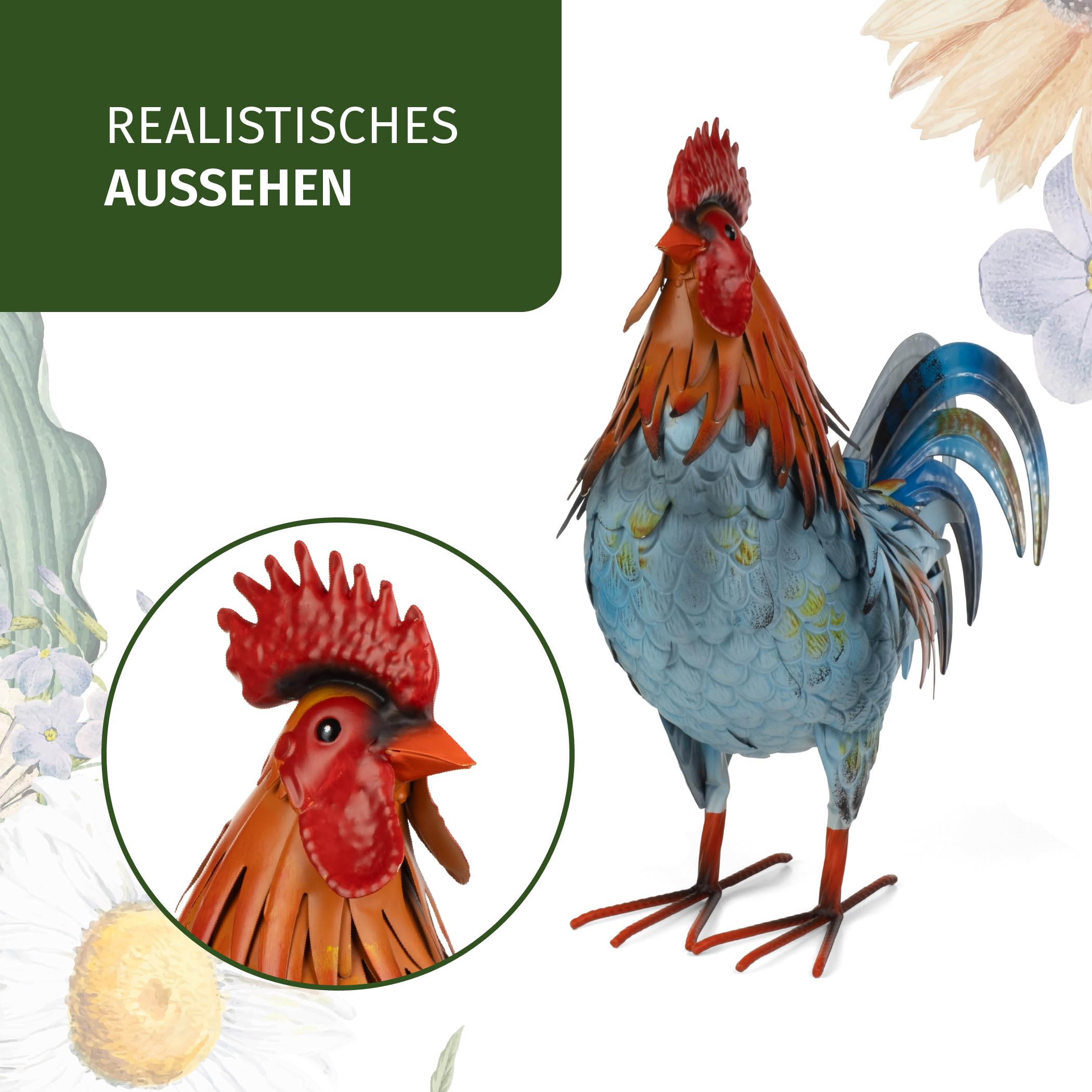 Moritz Deko Hahn Blau-Orange 46 cm - Gartenfigur Hühnerfigur aus Metall handbemalt - Landhausstil Vintage bunter Gockel freistehend für Garten Terrasse Balkon - Geschenk Frühling Ostern Muttertag