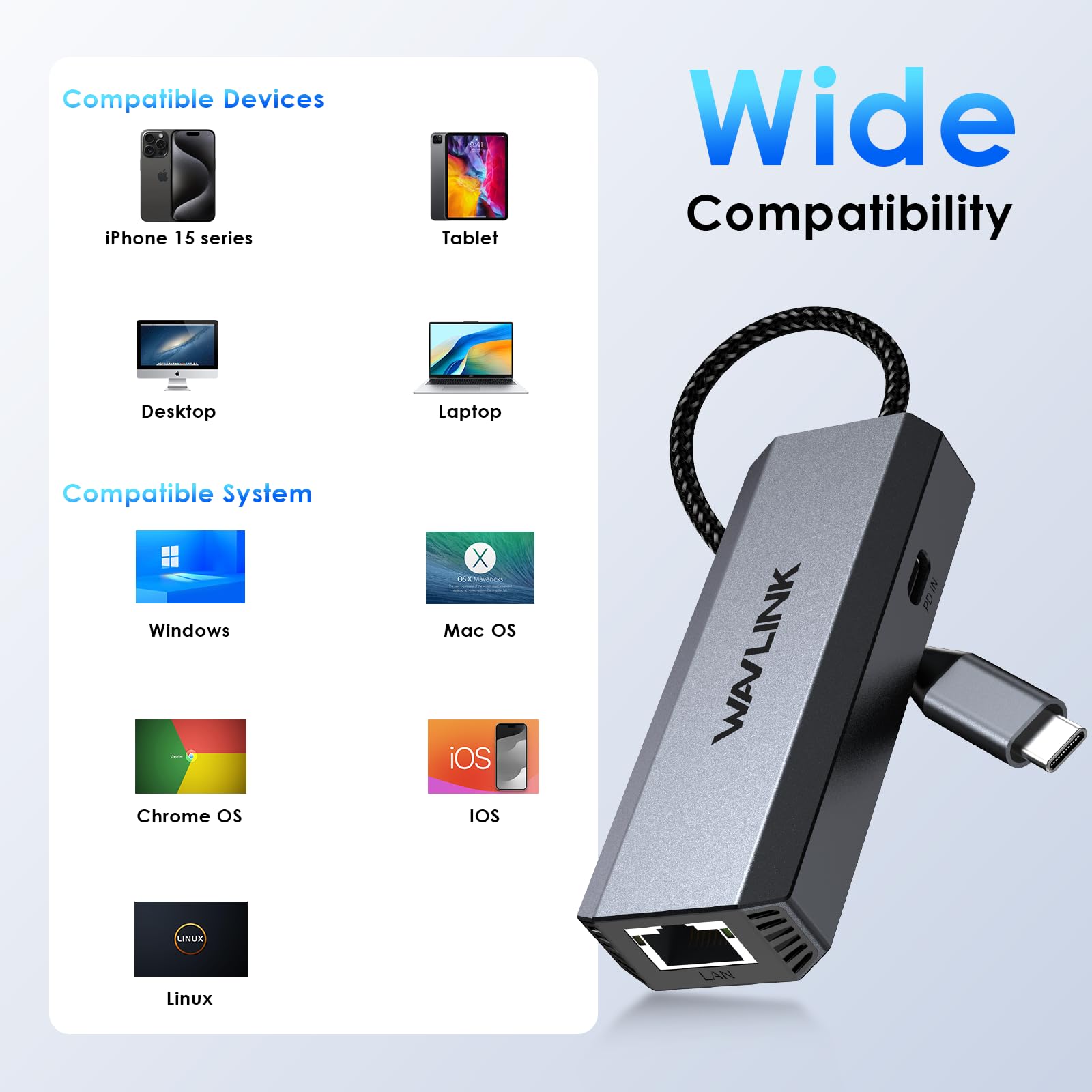 WAVLINK Adattatore da USB C a Ethernet da 2,5 Gbps, adattatore Ethernet da USB a 2,5 G, convertitore di rete USB-C a RJ45 (compatibile con Thunderbolt 4/3) per Windows, Mac OS, iPad OS e altro