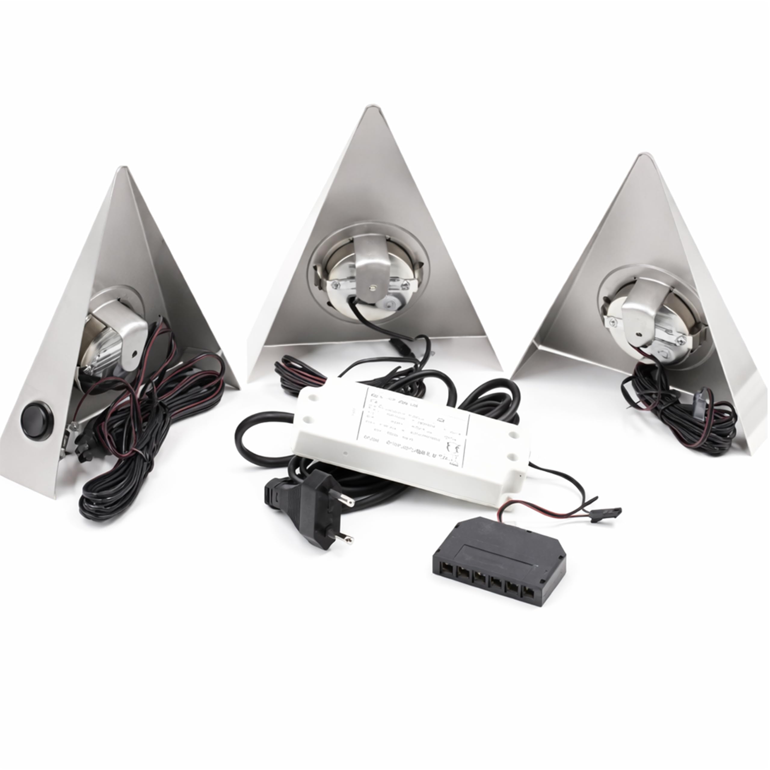 3er Set LED Dreieckleuchte Unterbauleuchte Küchenleuchte EDELSTAHL 3x3W Warmweiß 3000K mit Zentralschalter