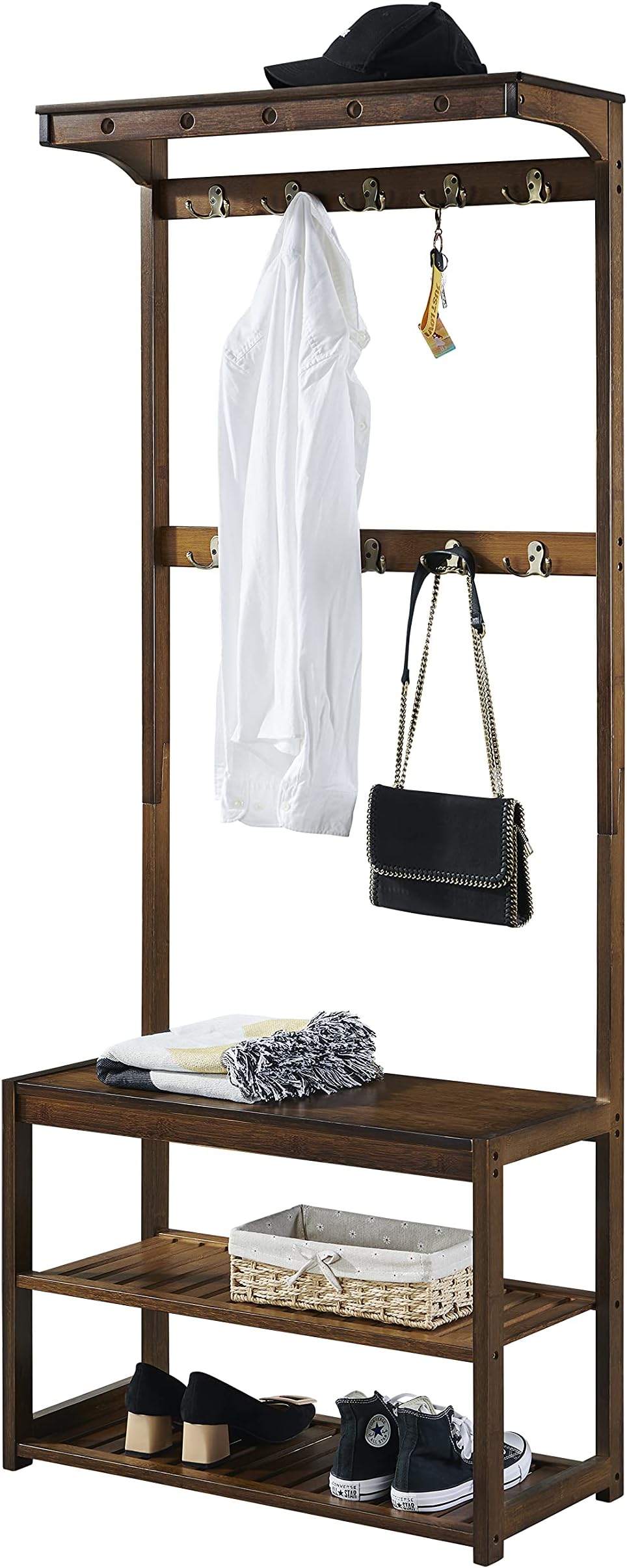 SEIRIONE Bamboo Coat Rack Shoe Bench, 5 in 1 Design Hall Tree Entryway Storage Organizer for Mudroom, Hallway, Foyer etc, 10 Double Hooks, 1 Top Shelf, Easy Assembly, Vintage